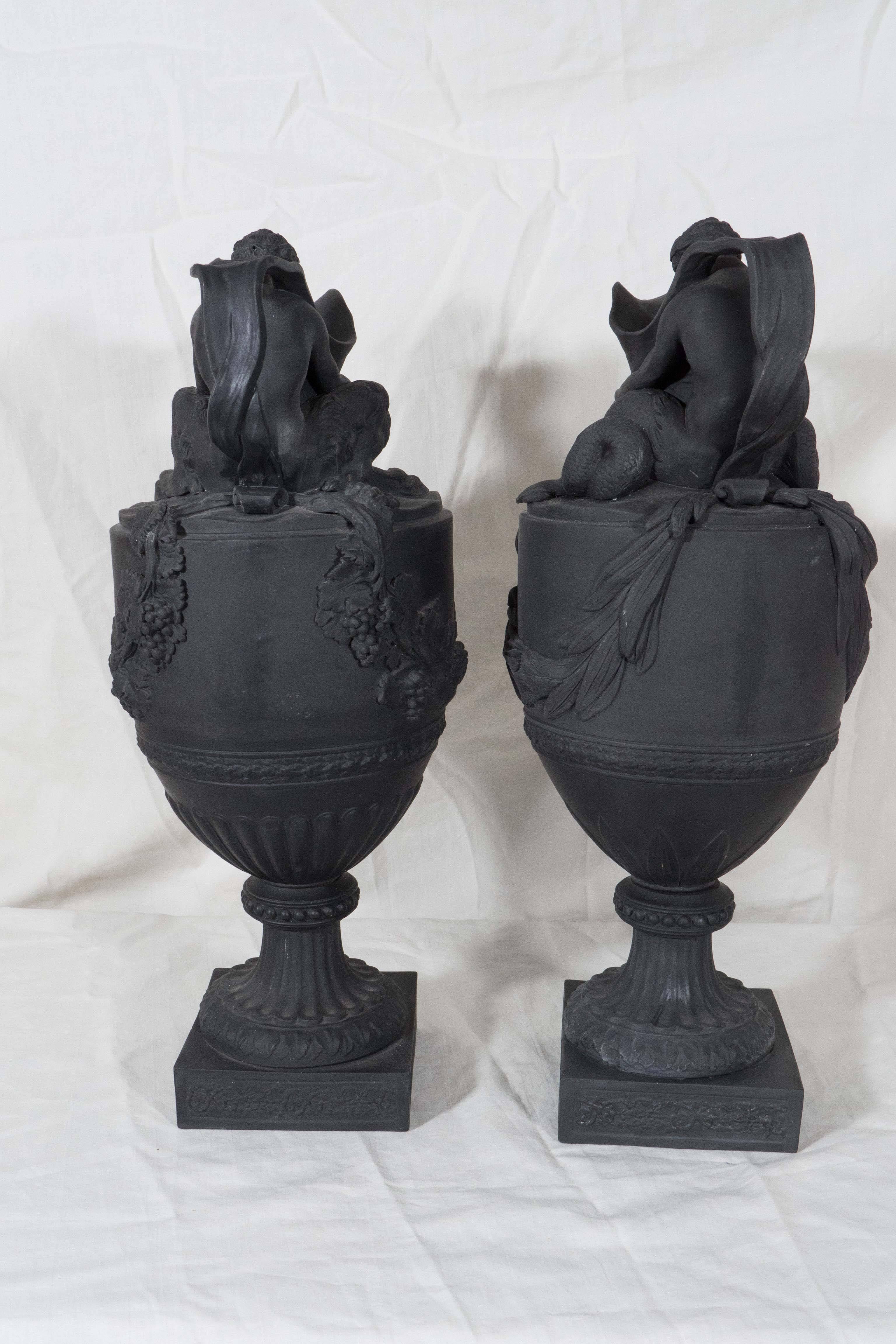 19th Century Pair Wedgwood Black Basalt Wine and Water Ewers