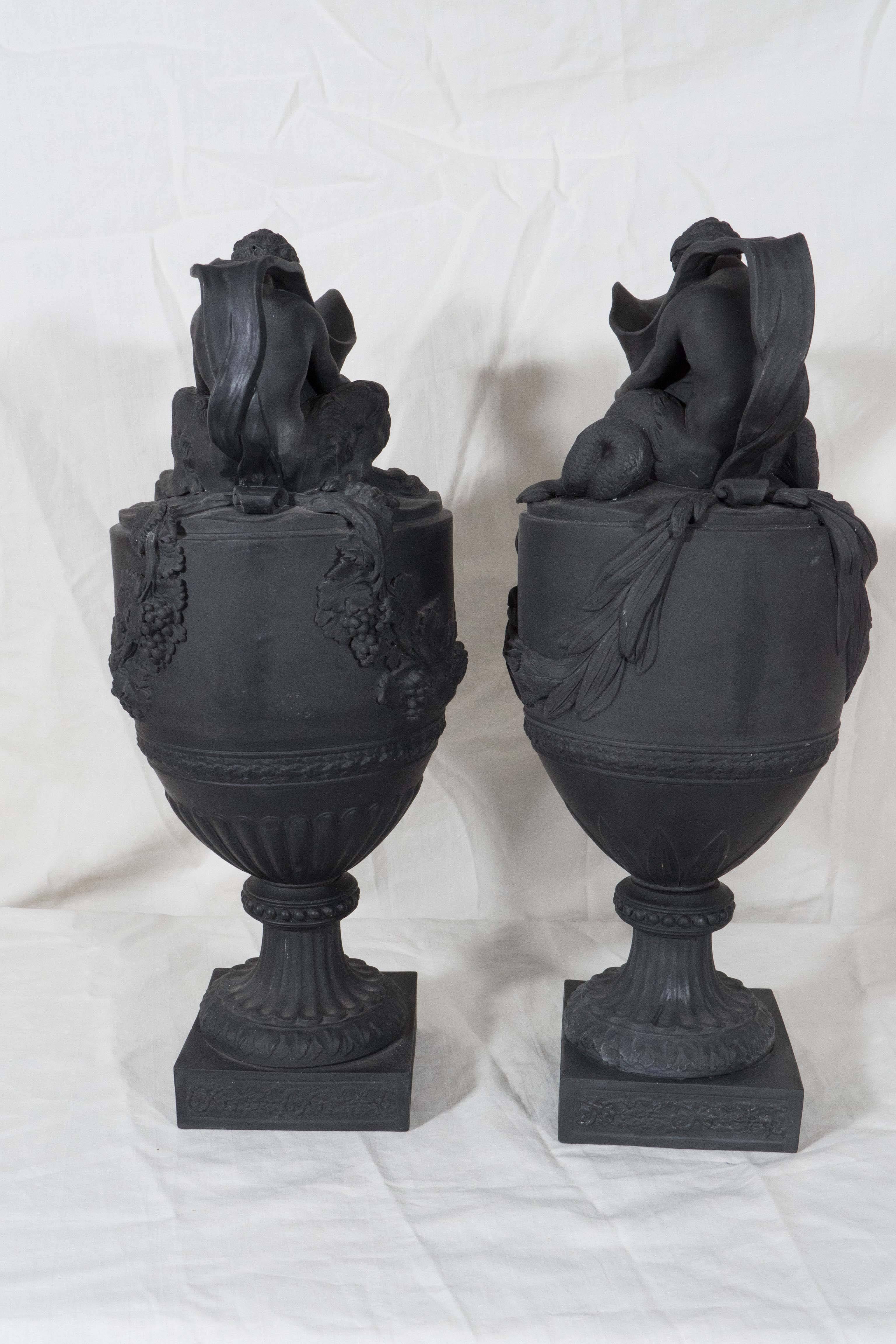 Stoneware Pair Wedgwood Black Basalt Wine and Water Ewers