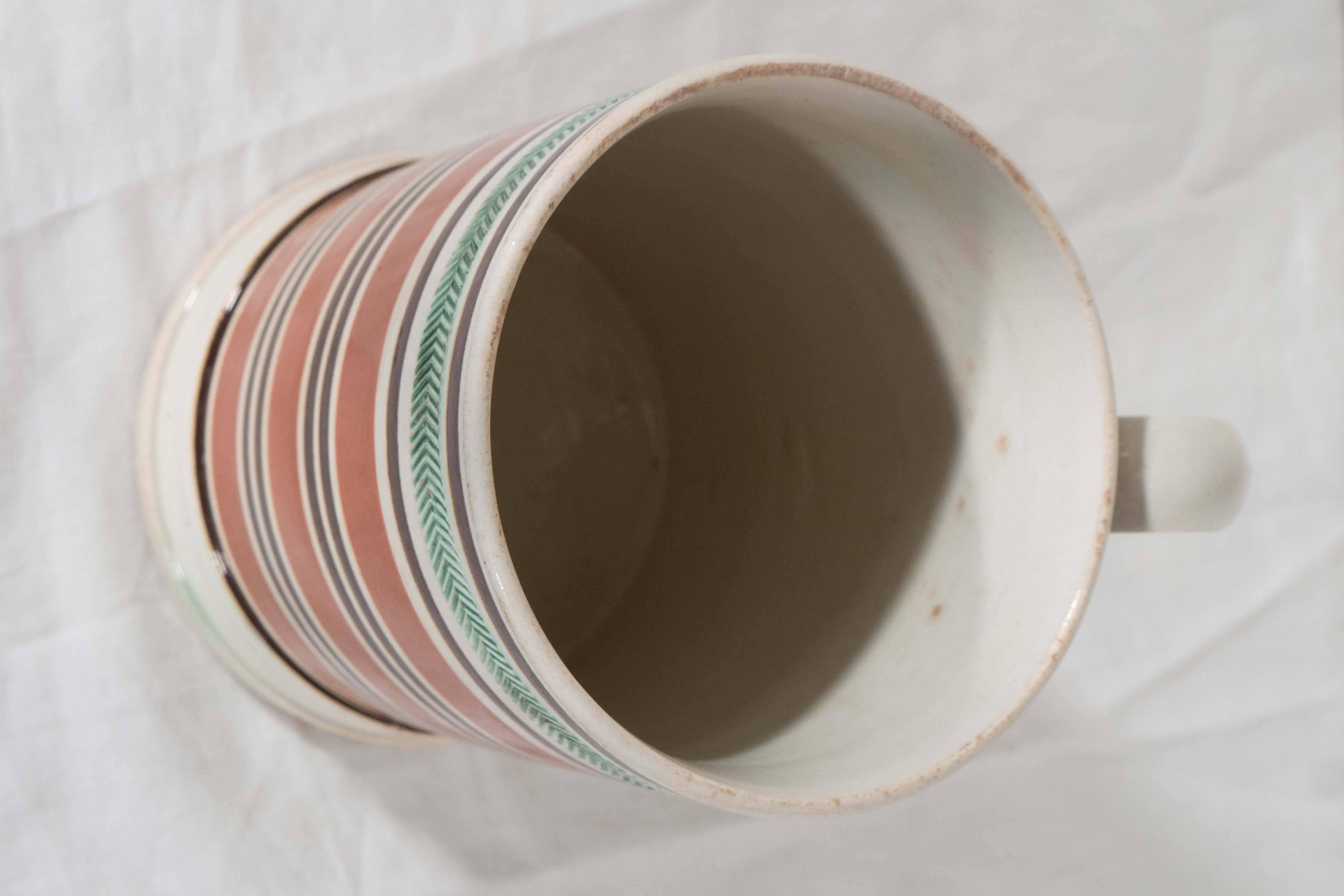 Antique Mocha Ware Mug with Wide Bands of Slip In Excellent Condition In Katonah, NY