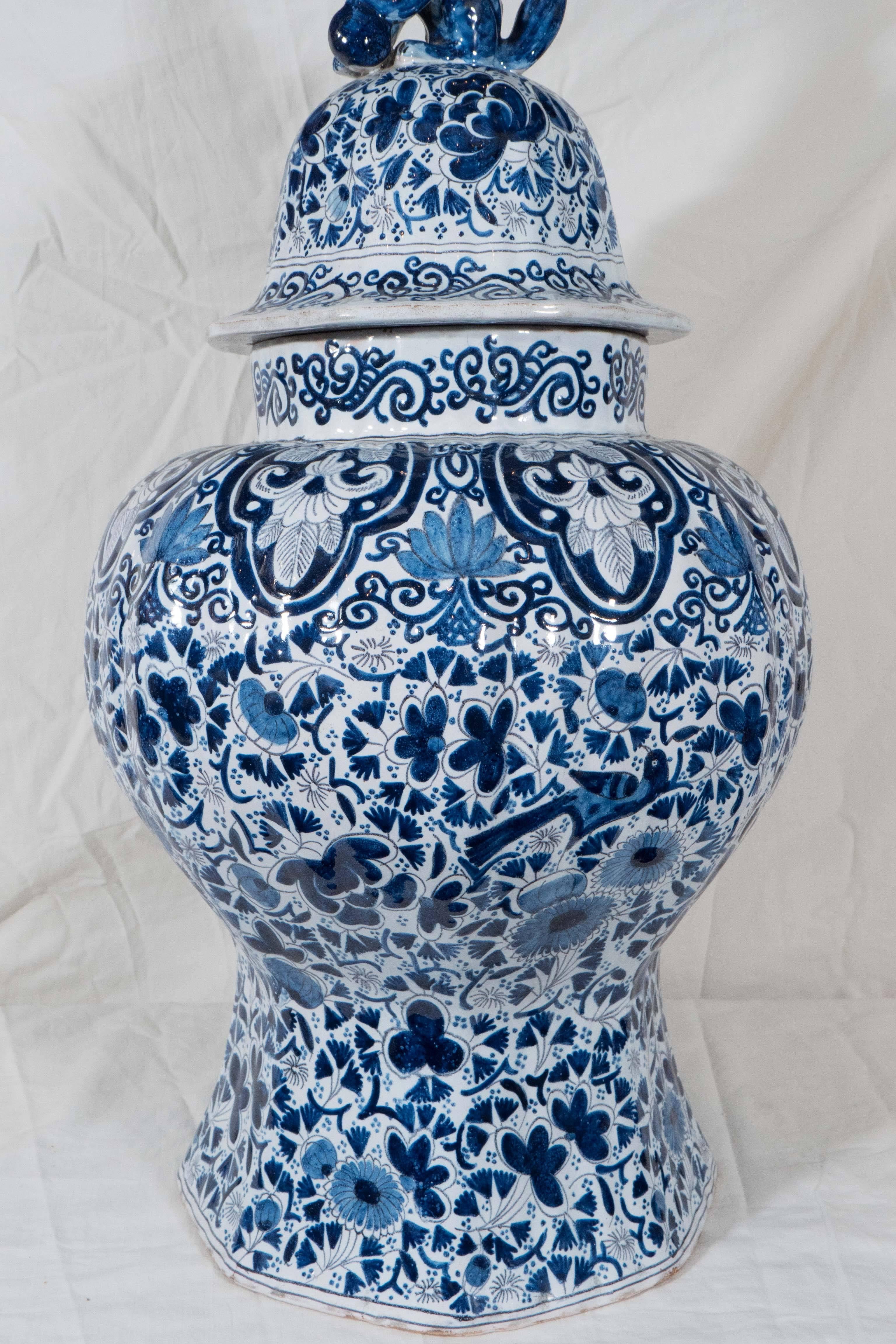 Chinoiserie Pair of Large Blue and White Dutch Delft Covered Vases
