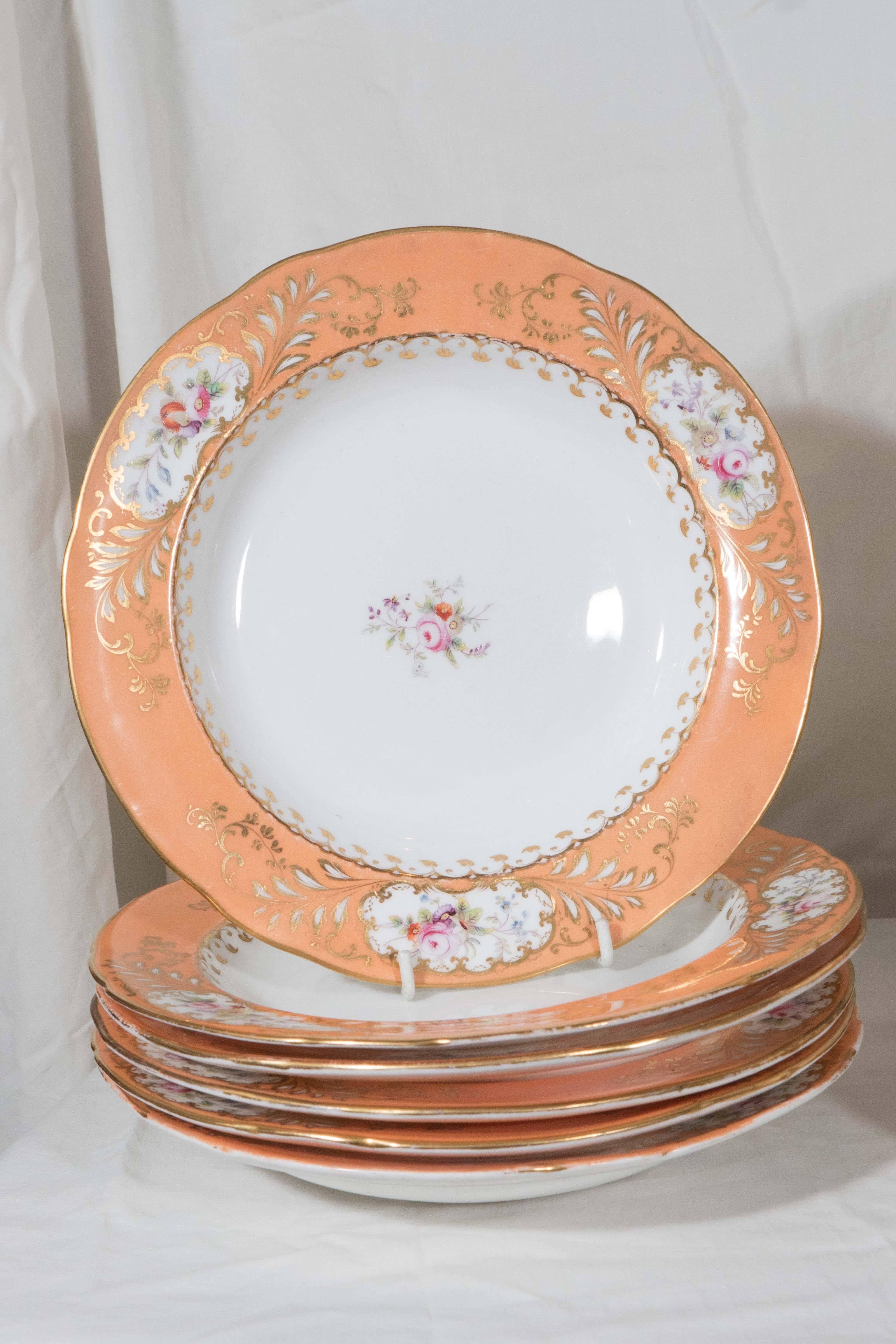 Antique English Porcelain Dishes with Wide Orange Borders In Excellent Condition In Katonah, NY