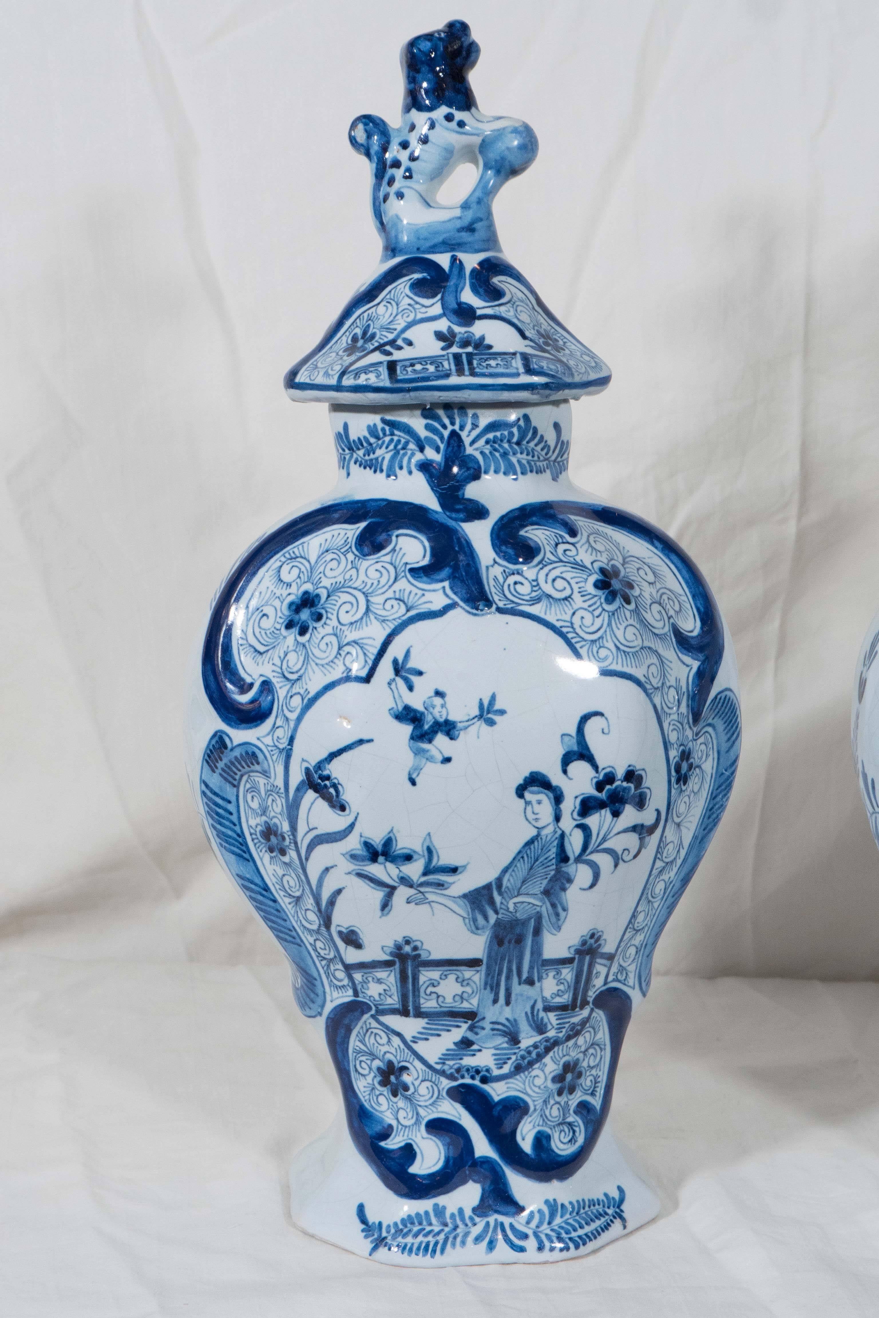 19th Century Pair of Antique Blue and White Dutch Delft Mantle Vases