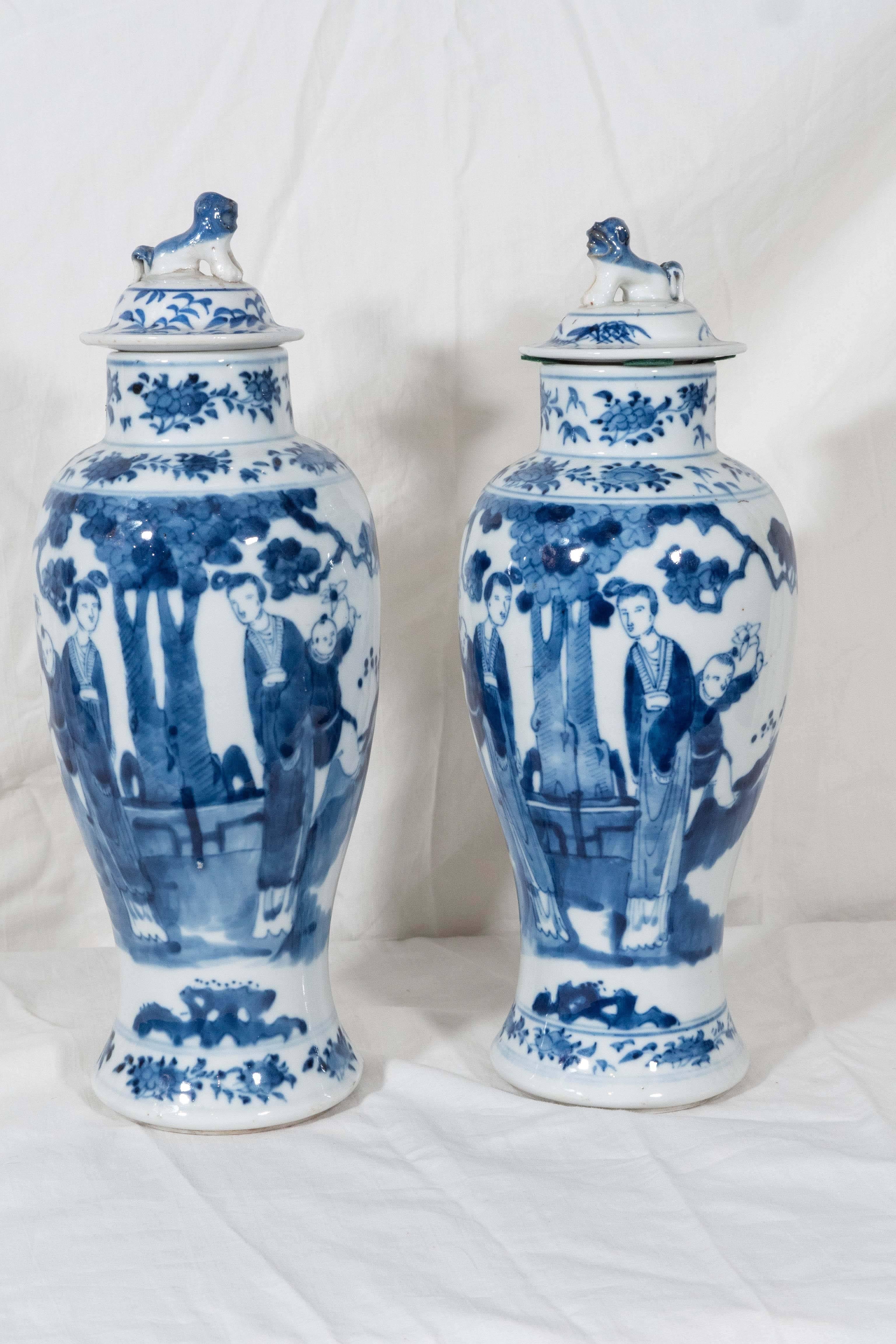 19th Century Pair of Blue and White Antique Chinese Porcelain Covered Vases