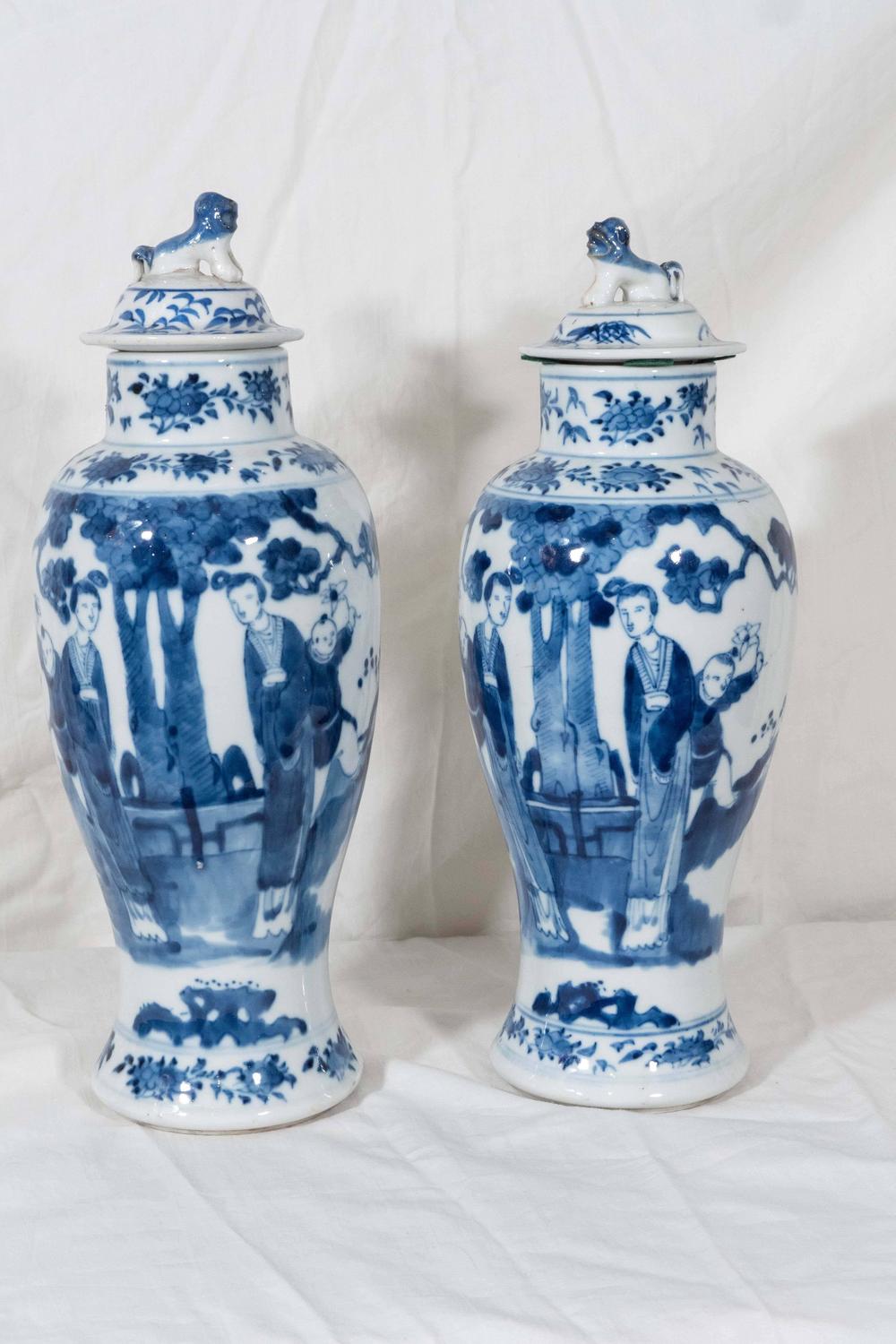 Pair of Blue and White Antique Chinese Porcelain Covered Vases at 1stdibs