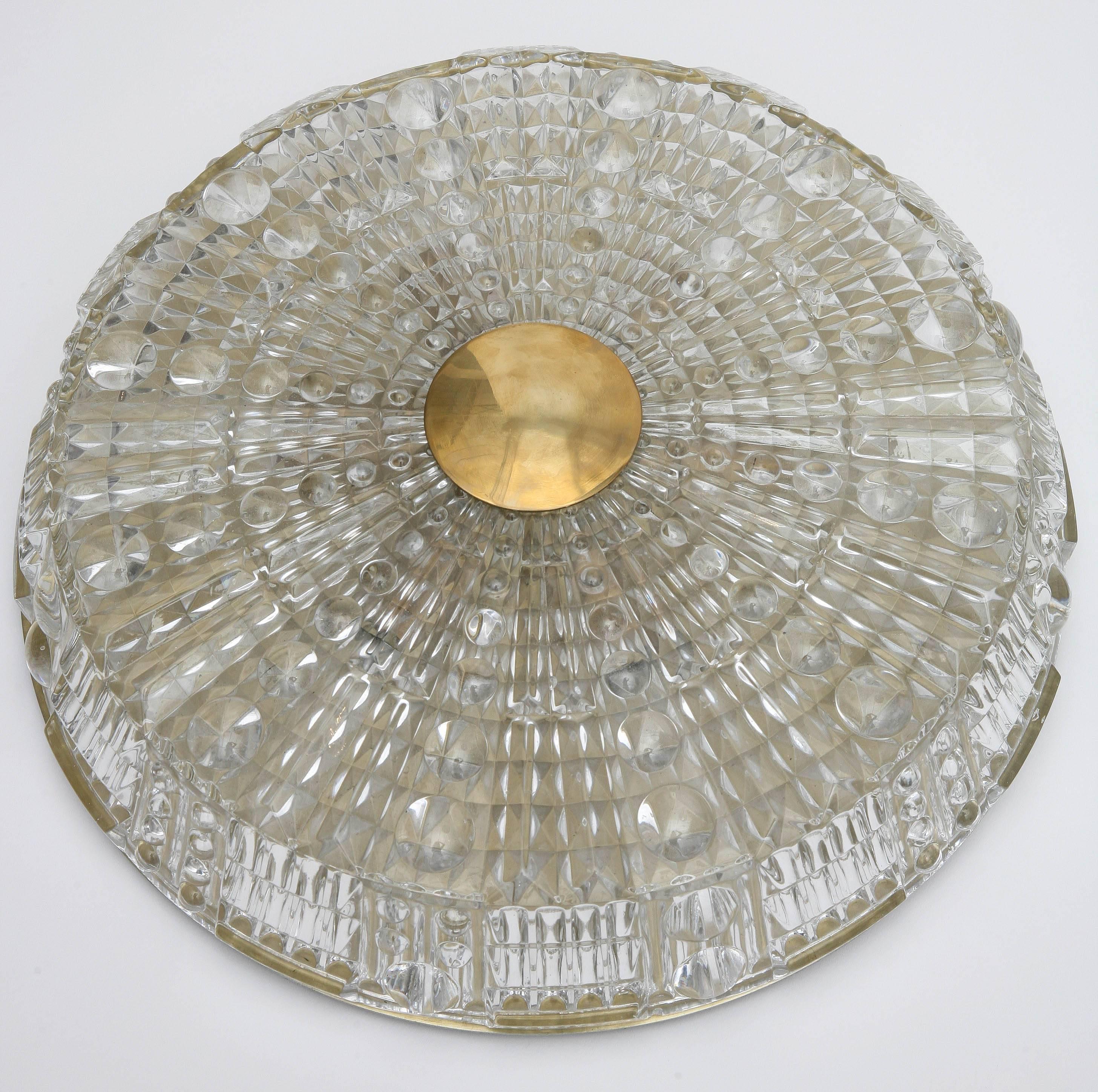 Swedish Pair of Orrefors Crystal Flush Mount Light Fixtures by Carl Fagerlund, 1960s