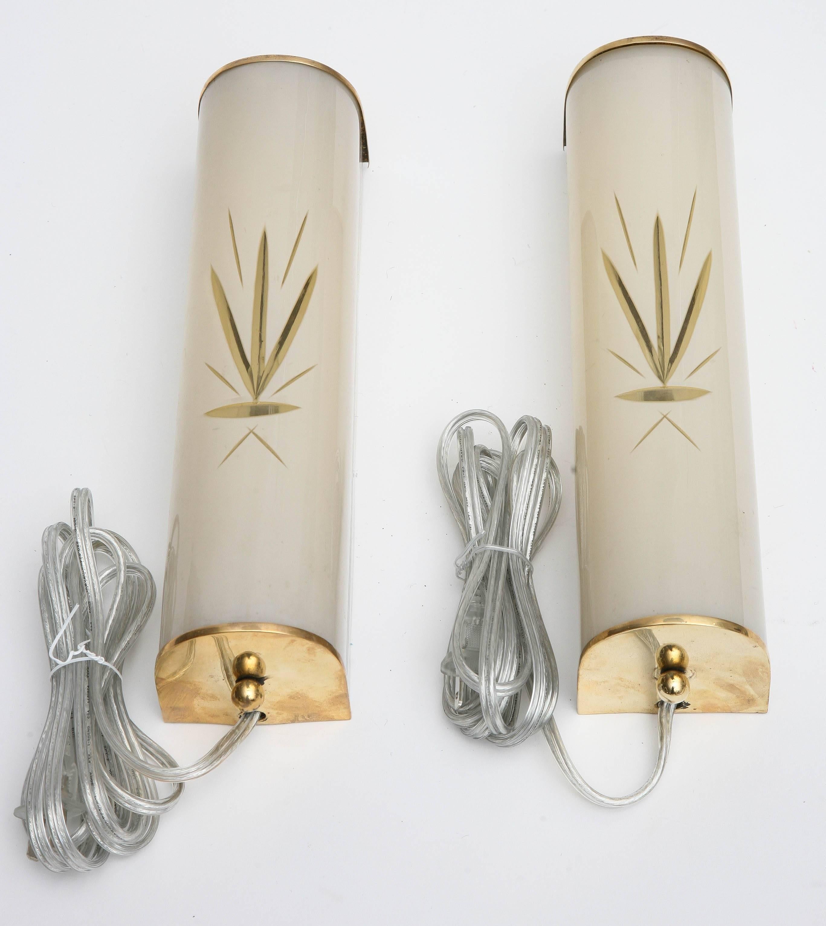 Scandinavian Modern Pair of Brass and Frosted Etched Glass Sconces, Swedish, 1960s