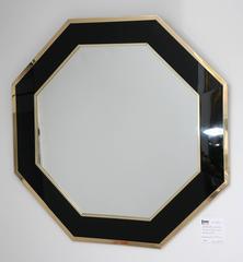 Willy Rizzo Style Octagonal Mirror in Black Lucite and Polished Brass Frame