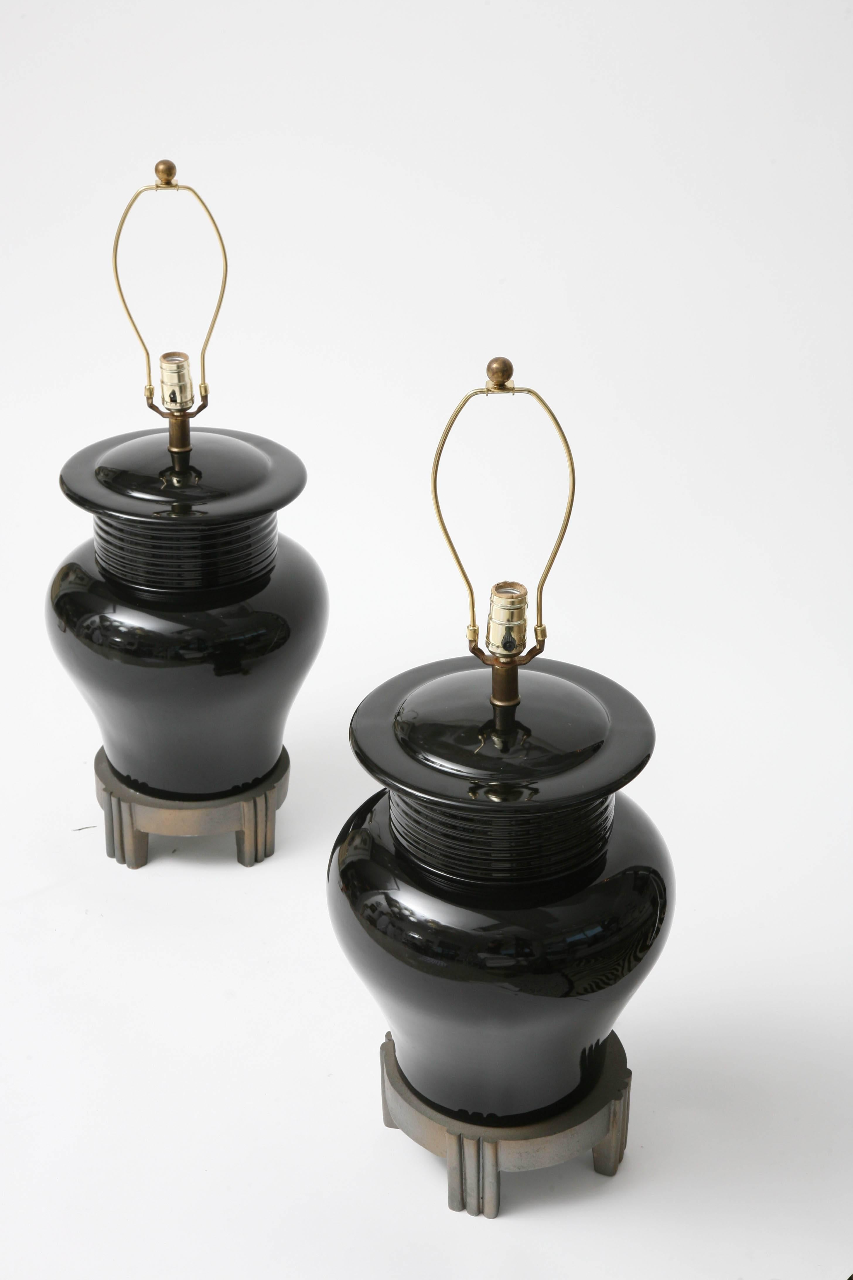 American Pair of Art Deco Style, Large-Scale, Black Ceramic Vase Form, Table Lamps For Sale