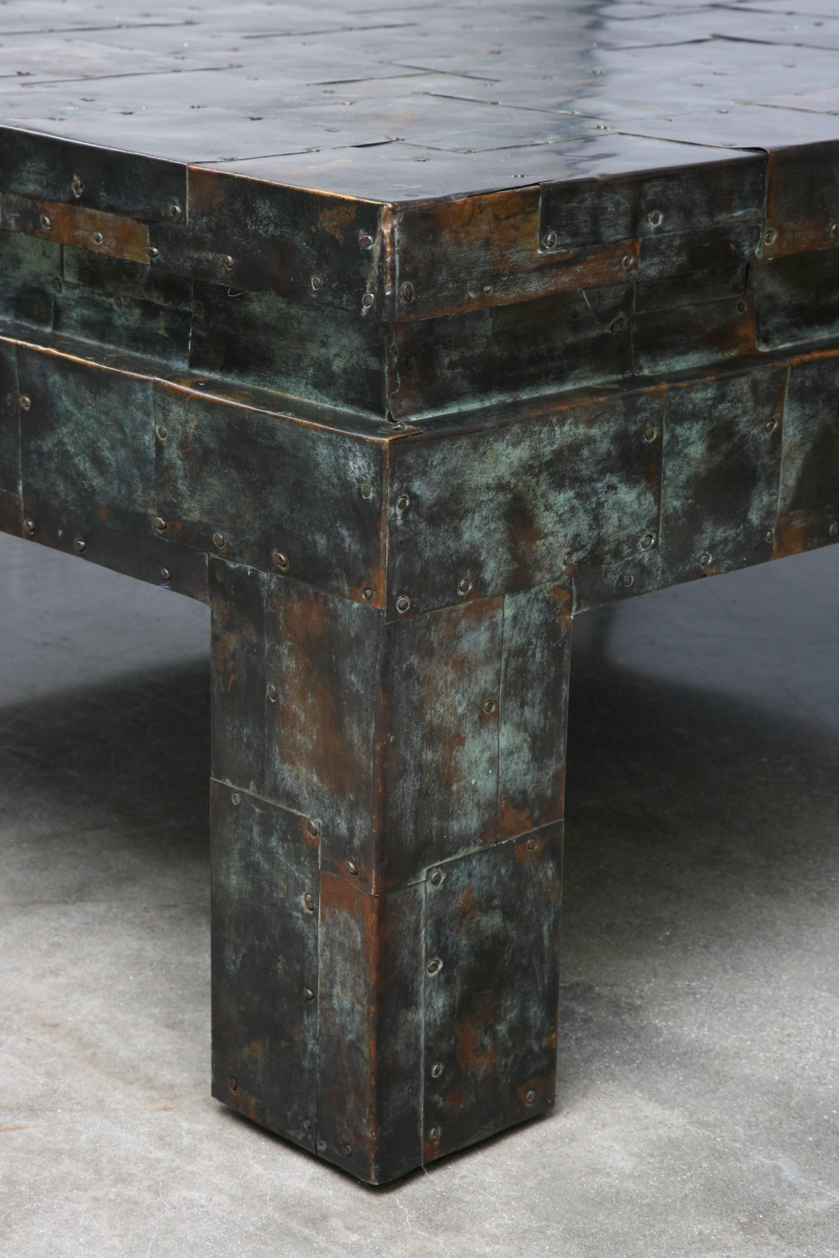 Large-Scale, Paul Evans Style, Anodized-Brass, Brutalist, Square Cocktail Table 5