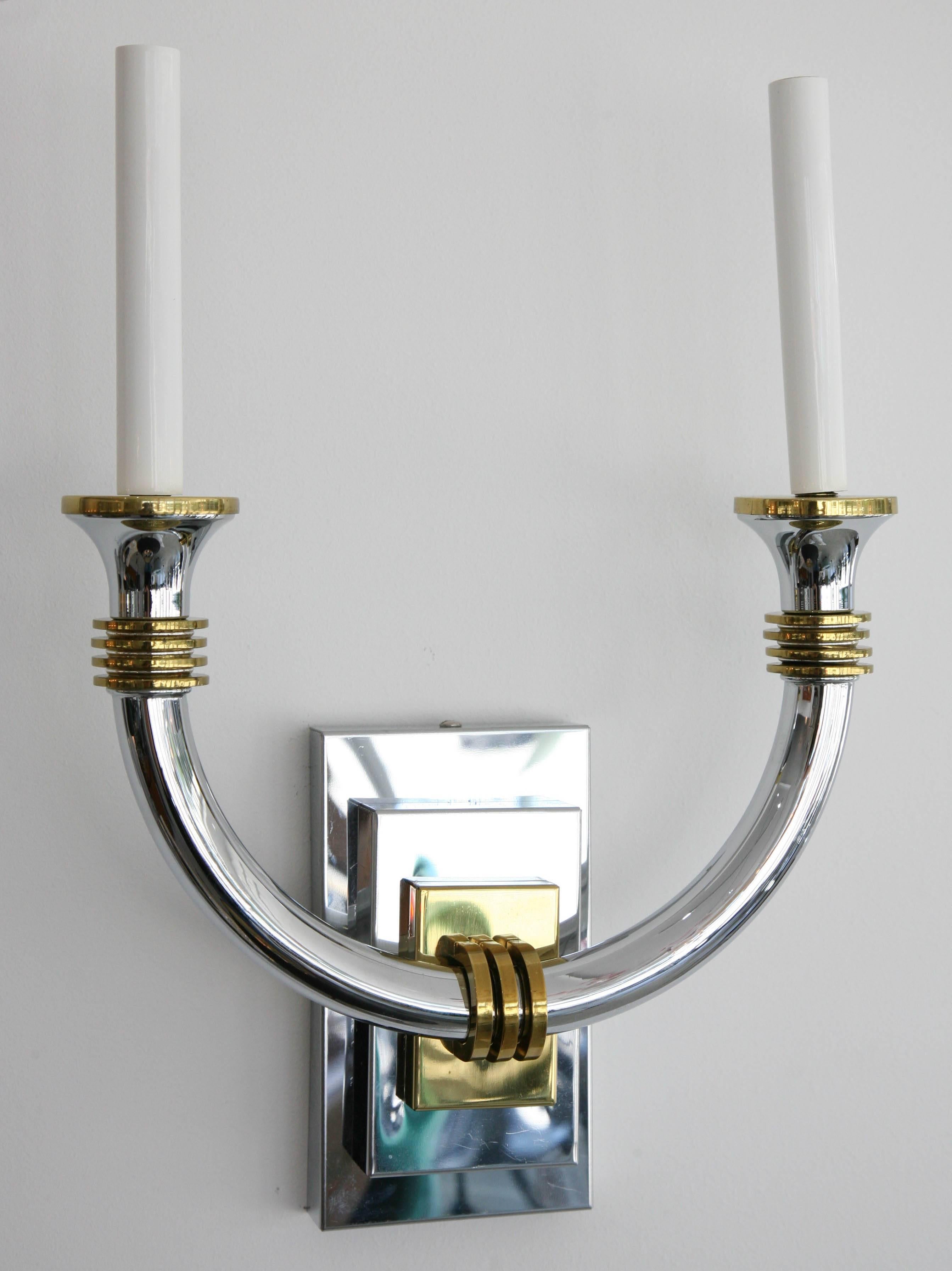 Italian Pair of Art Deco Style Wall Sconces, Polished Brass and Chrome