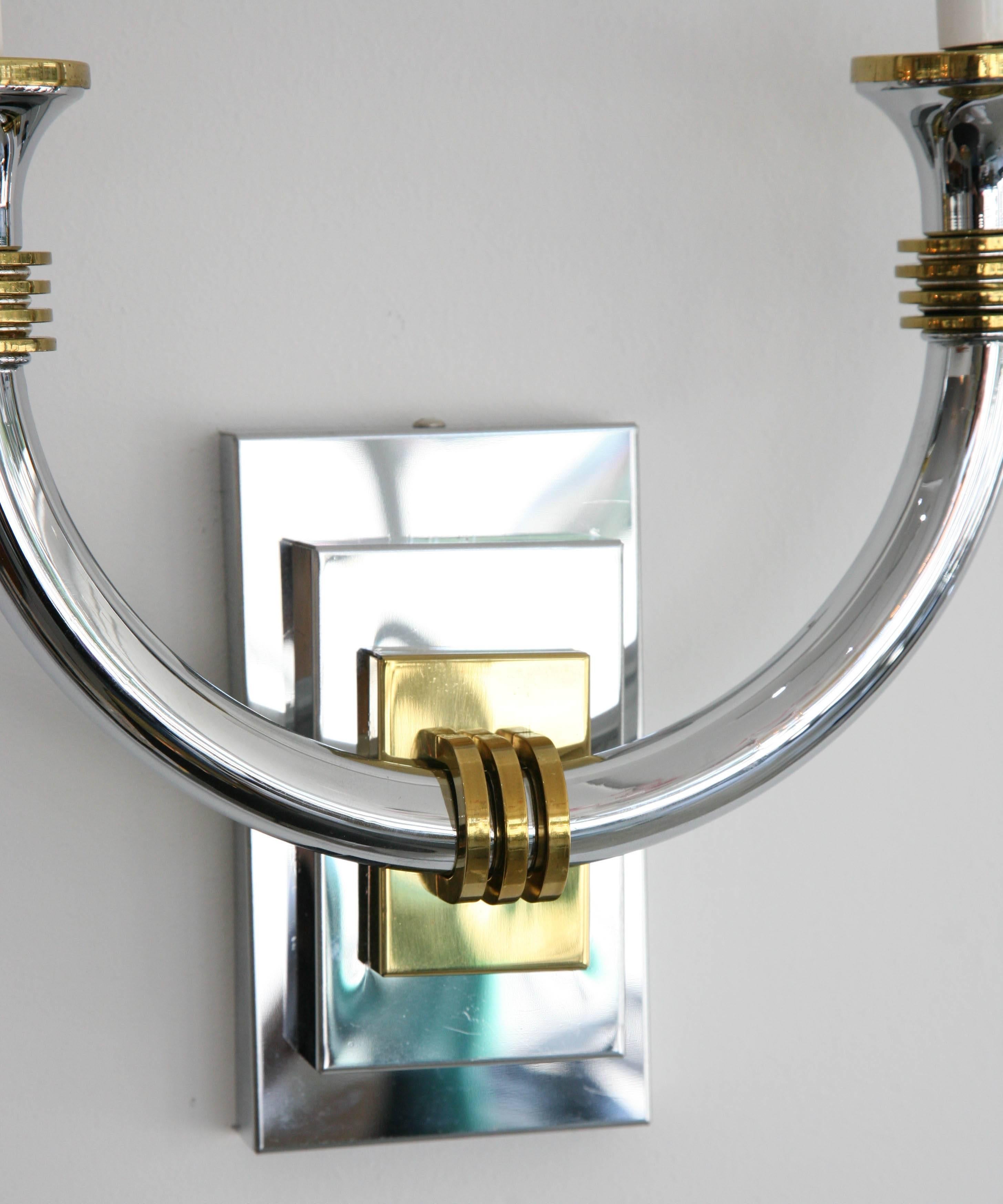 Pair of Art Deco Style Wall Sconces, Polished Brass and Chrome In Good Condition In West Palm Beach, FL