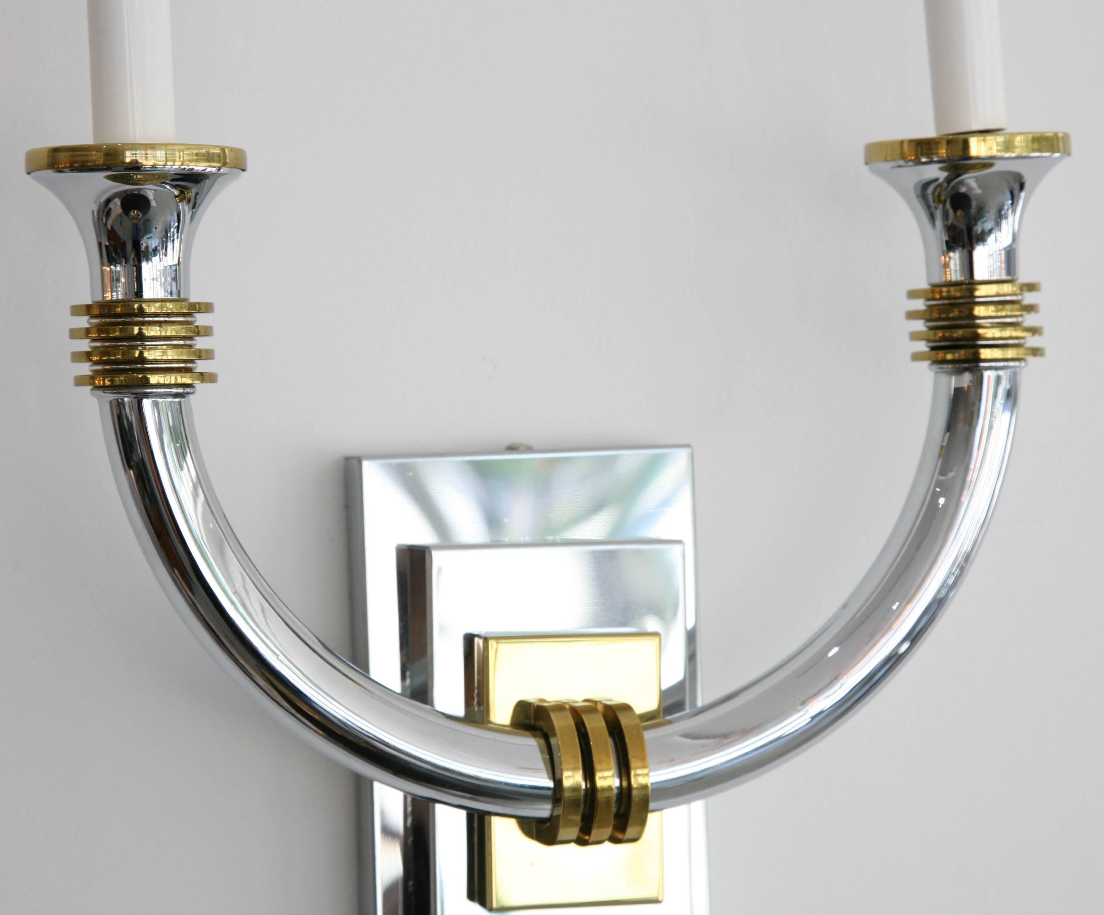 Pair of Art Deco Style Wall Sconces, Polished Brass and Chrome 1