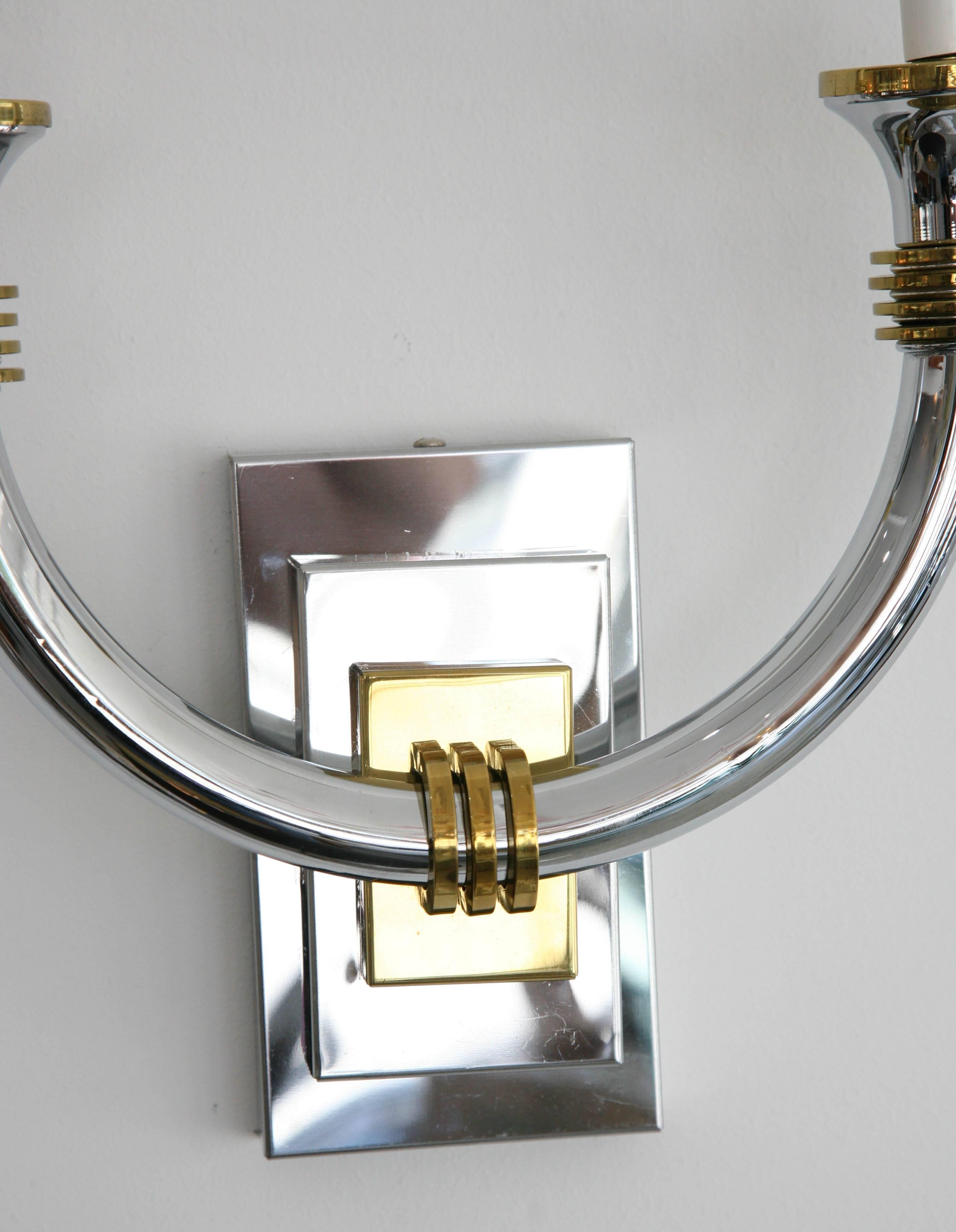Pair of Art Deco Style Wall Sconces, Polished Brass and Chrome 2