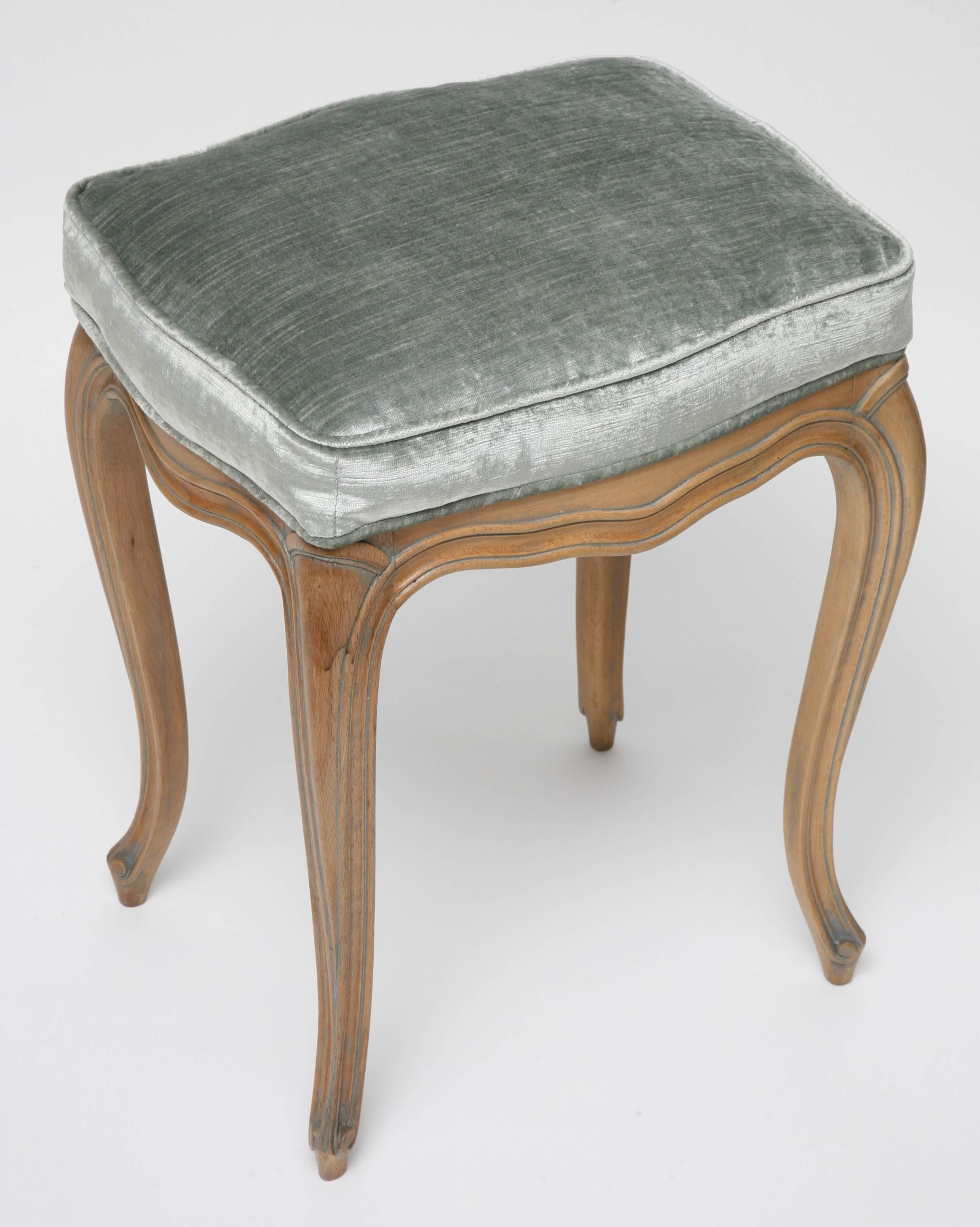 Mid-20th Century Pair of  Louis XV Style Beechwood Benches/Stools in Blue-Grey Silk Velvet