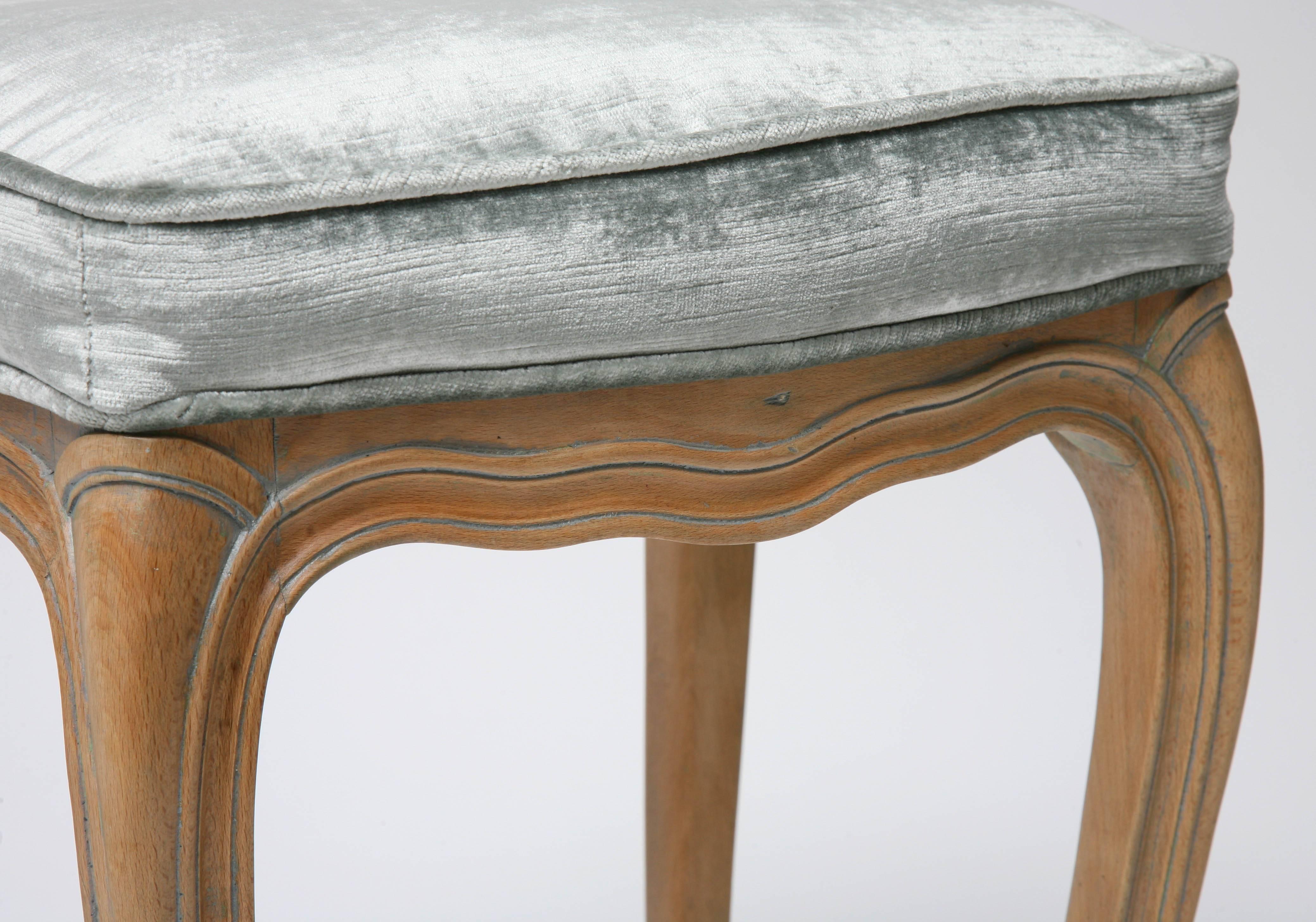Pair of  Louis XV Style Beechwood Benches/Stools in Blue-Grey Silk Velvet 4