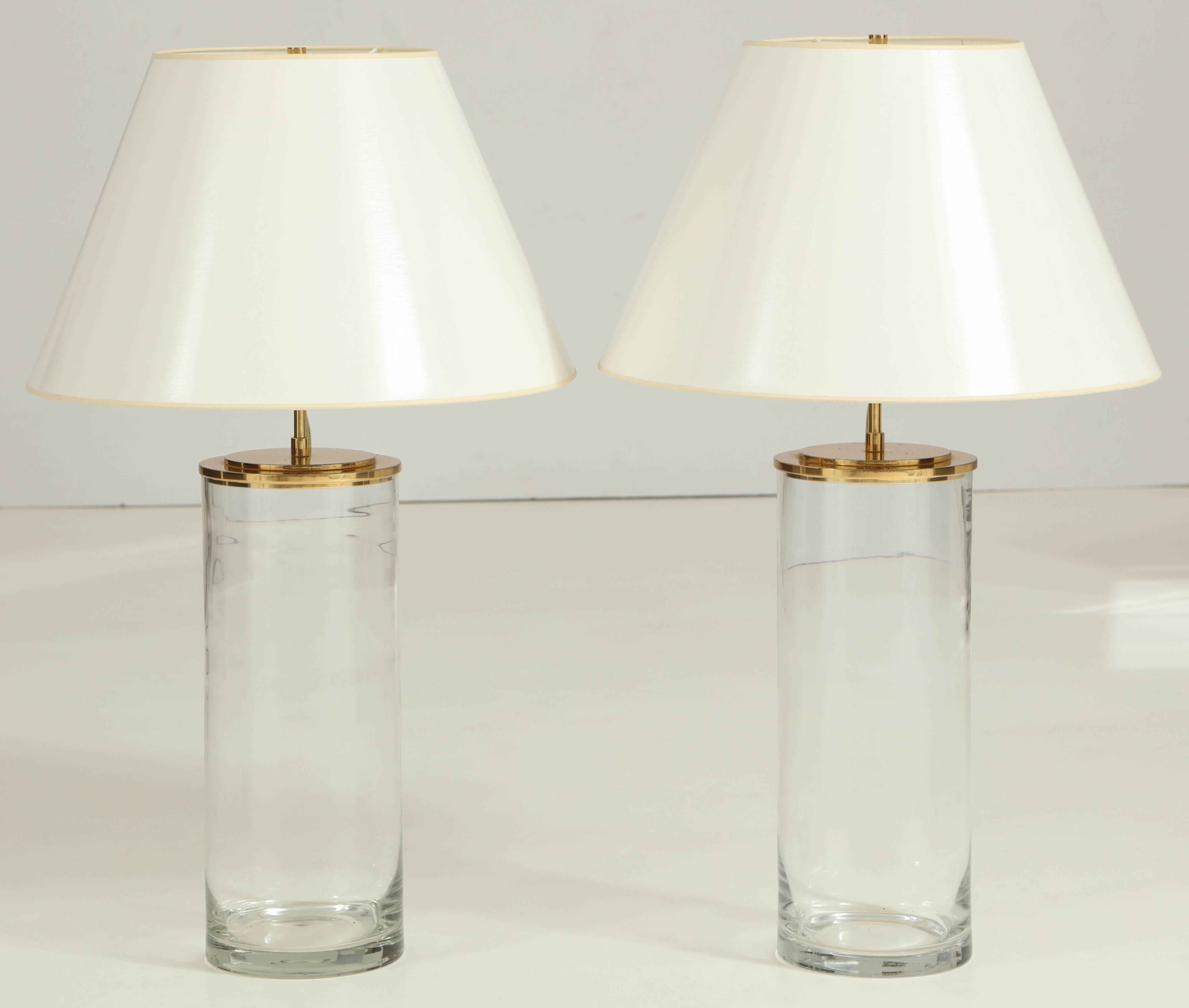 Large Minimalist Pair of 1970s Harry Hinson Glass and Brass Table Lamps In Excellent Condition In Washington, DC