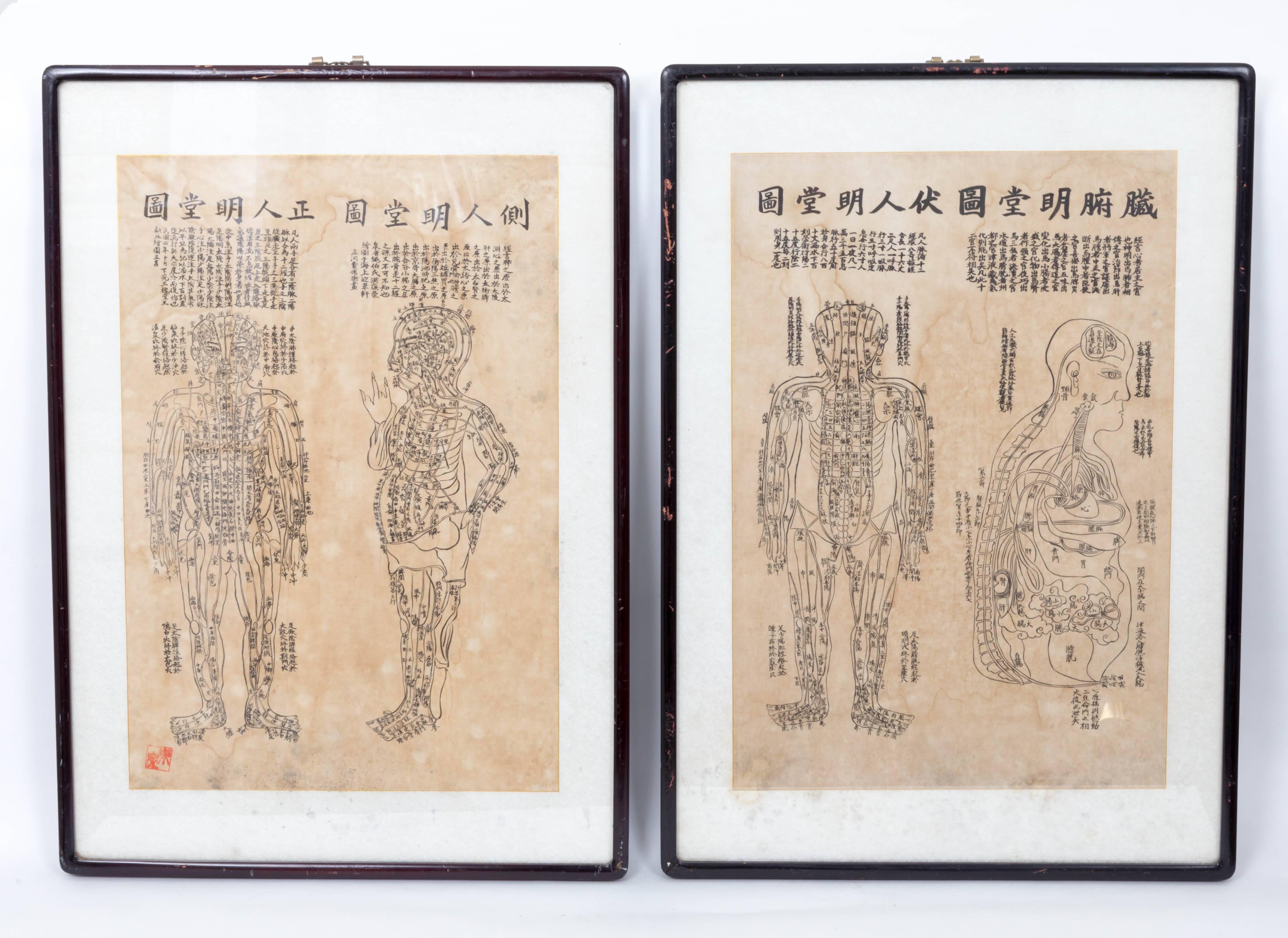 Pair of Asian acupuncture prints in original black frame.