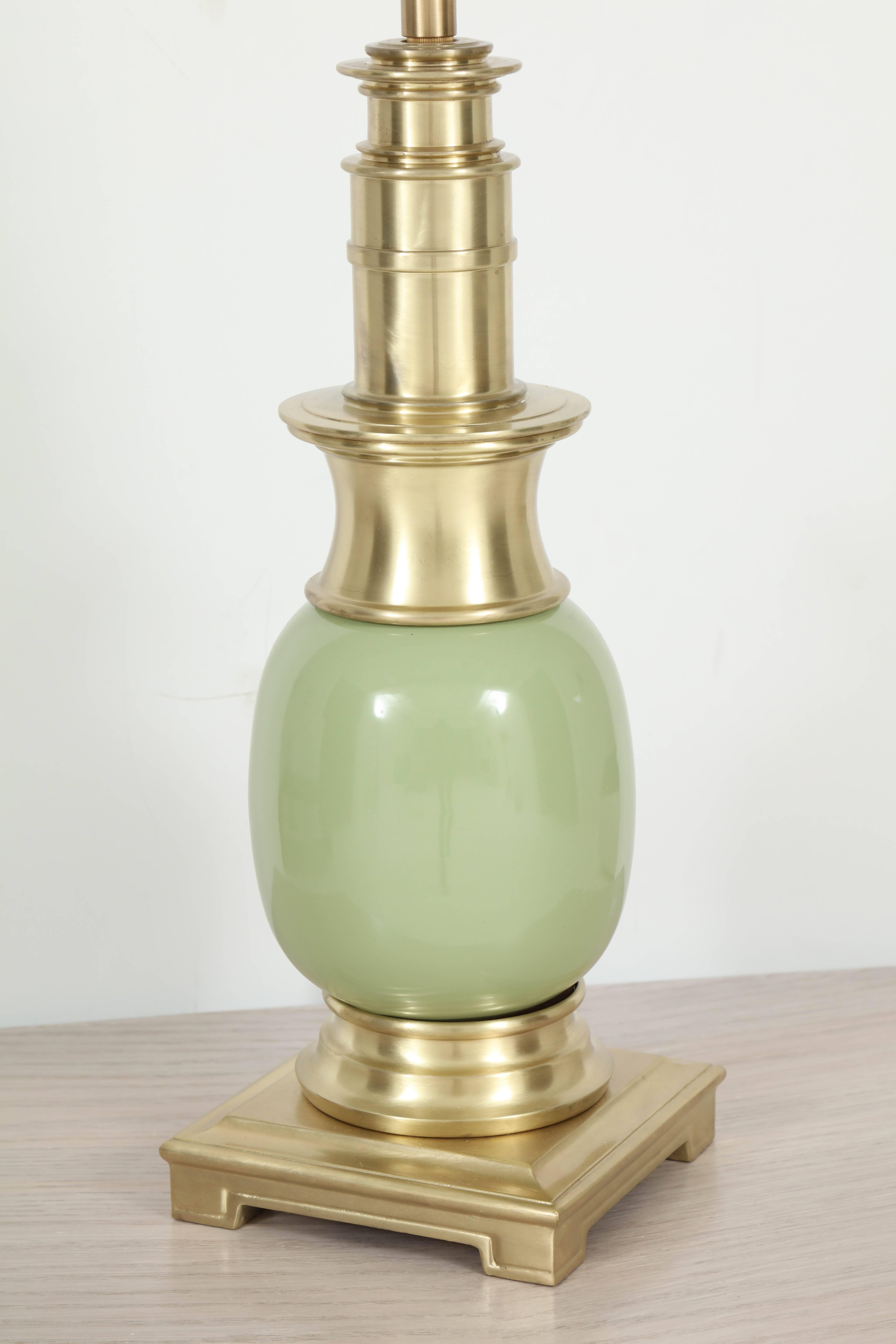 20th Century Pair of Celadon Green Ceramic and Brass Lamps by Stiffel