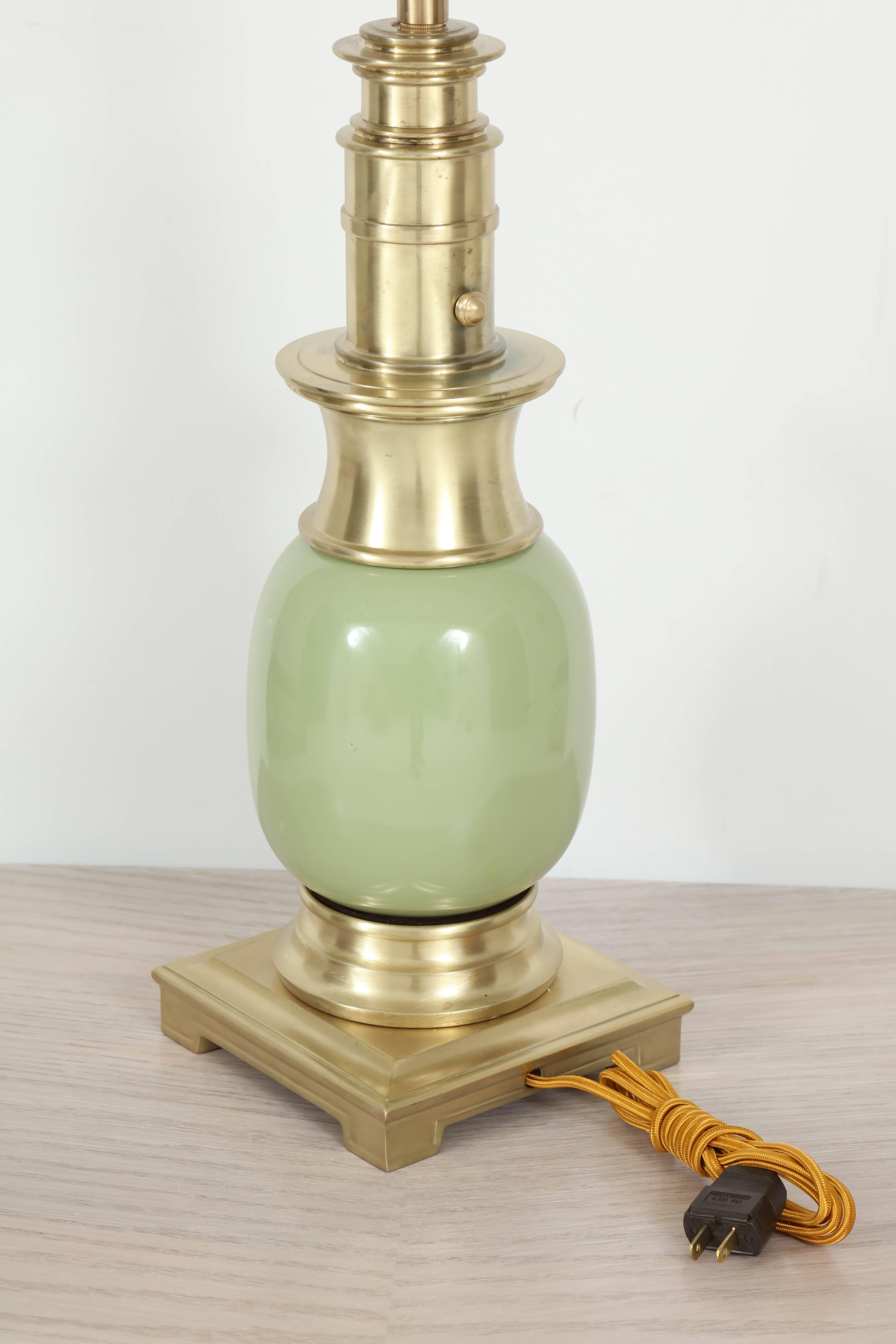 Pair of Celadon Green Ceramic and Brass Lamps by Stiffel 1