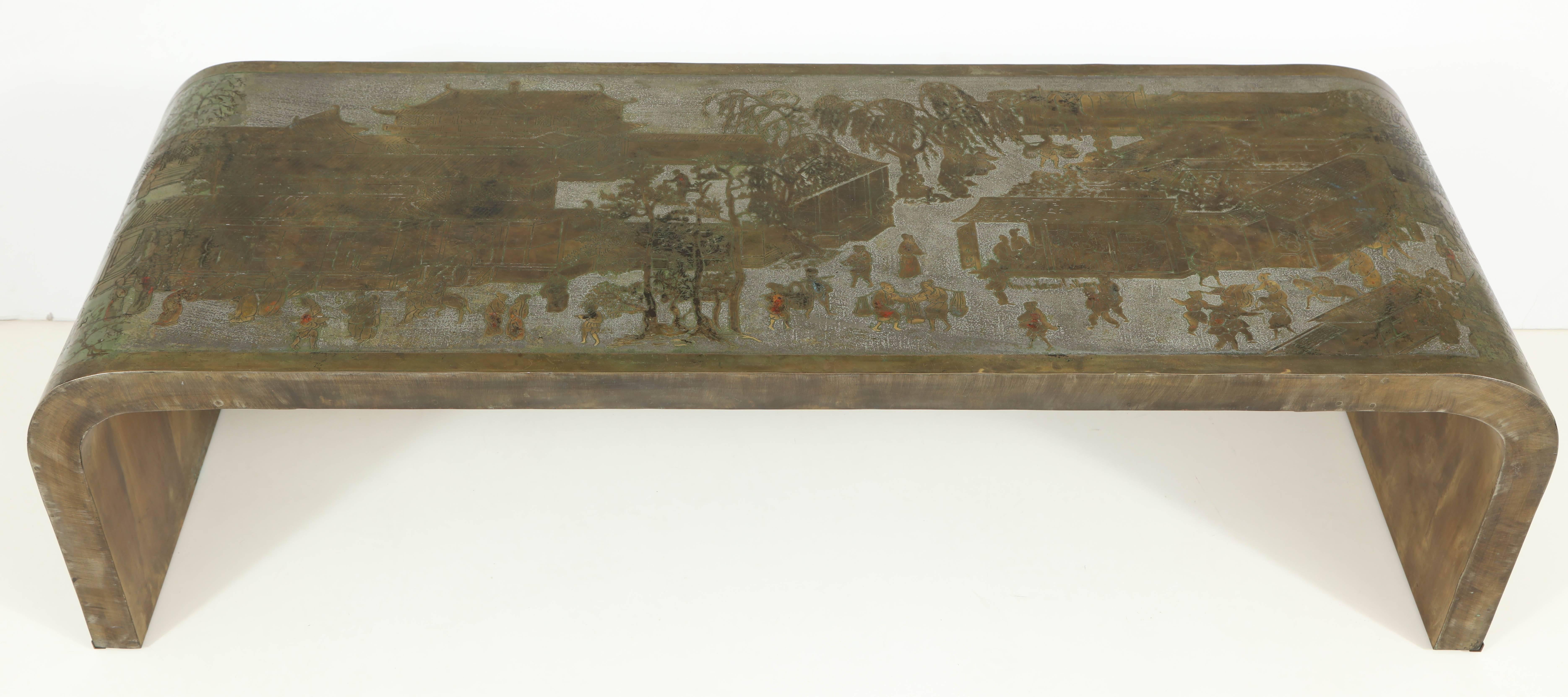 Exquisite "Spring Festival" etched bronze and pewter waterfall style coffee table with polychrome accents. Table features scenes of daily life and has a great vintage patina.