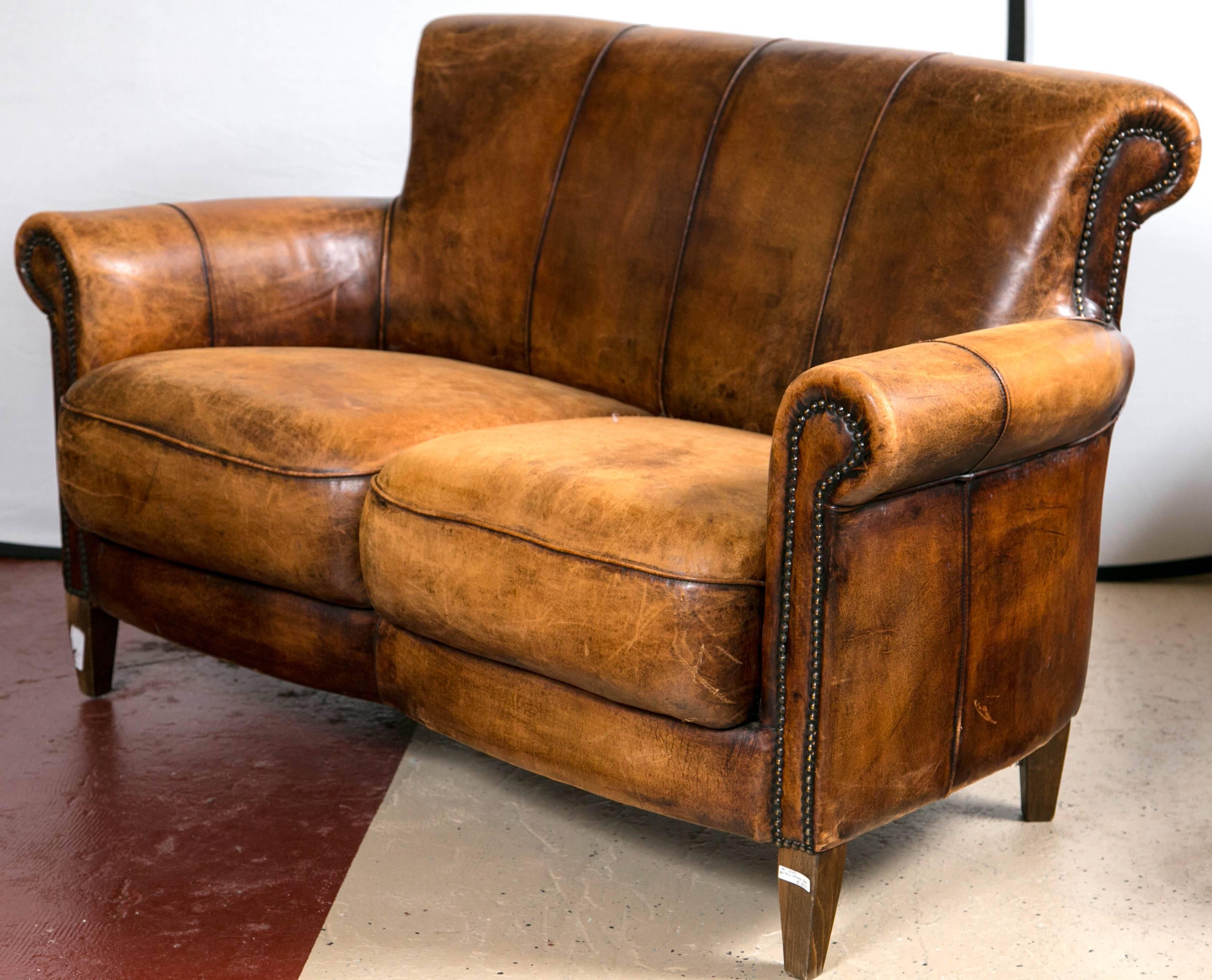 Vintage French Distressed Art Deco Leather Sofa at 1stDibs distressed leather loveseat