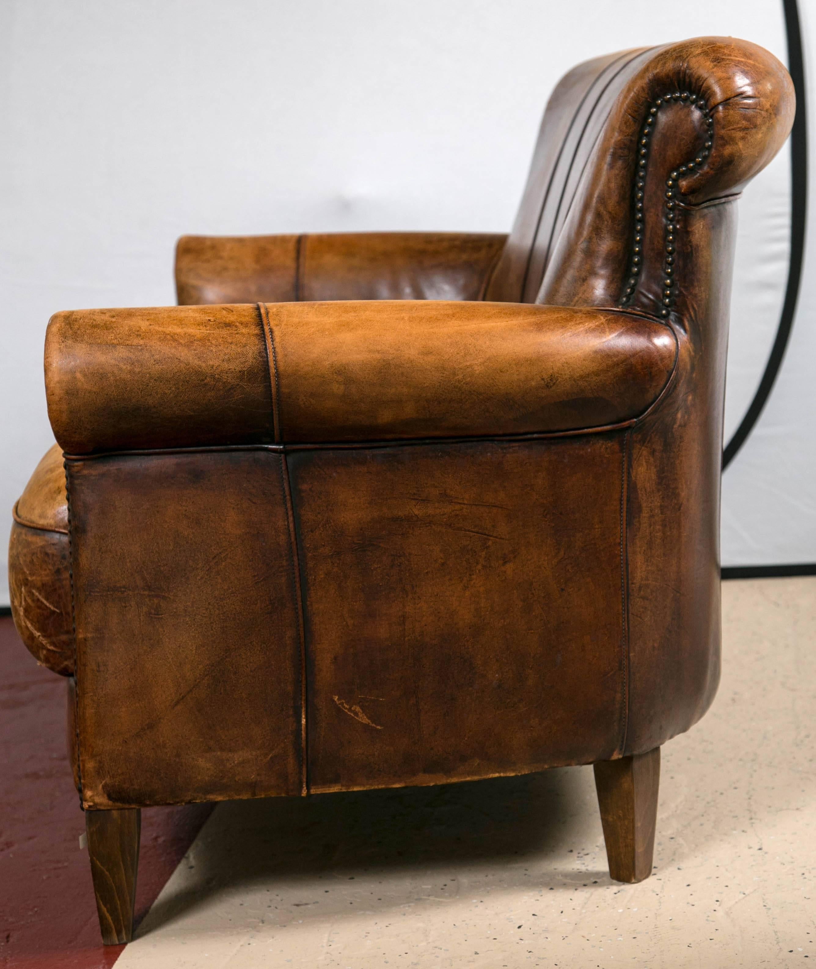Vintage French Distressed Art Deco Leather Sofa In Good Condition In Manhasset, NY