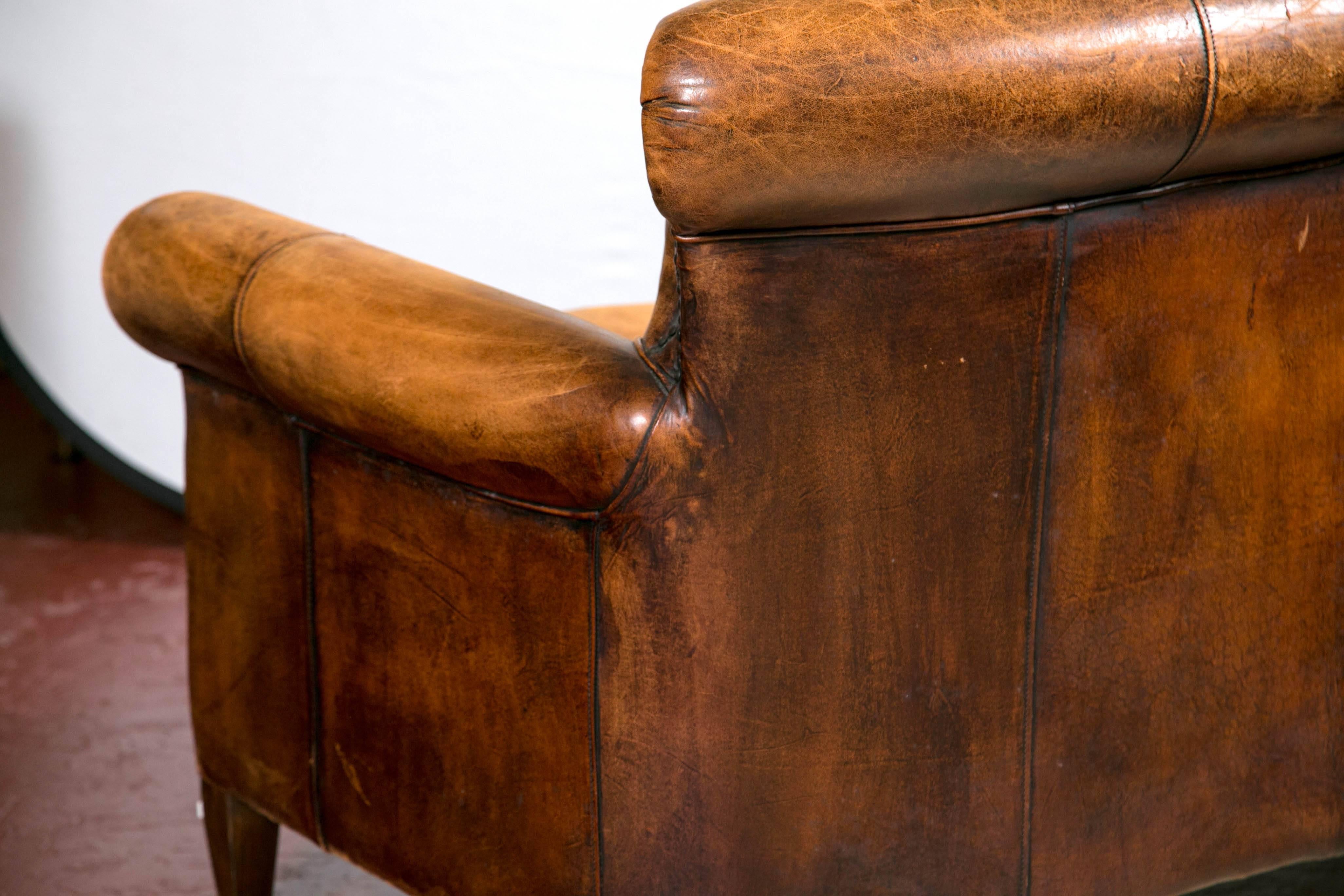 Mid-20th Century Vintage French Distressed Art Deco Leather Sofa