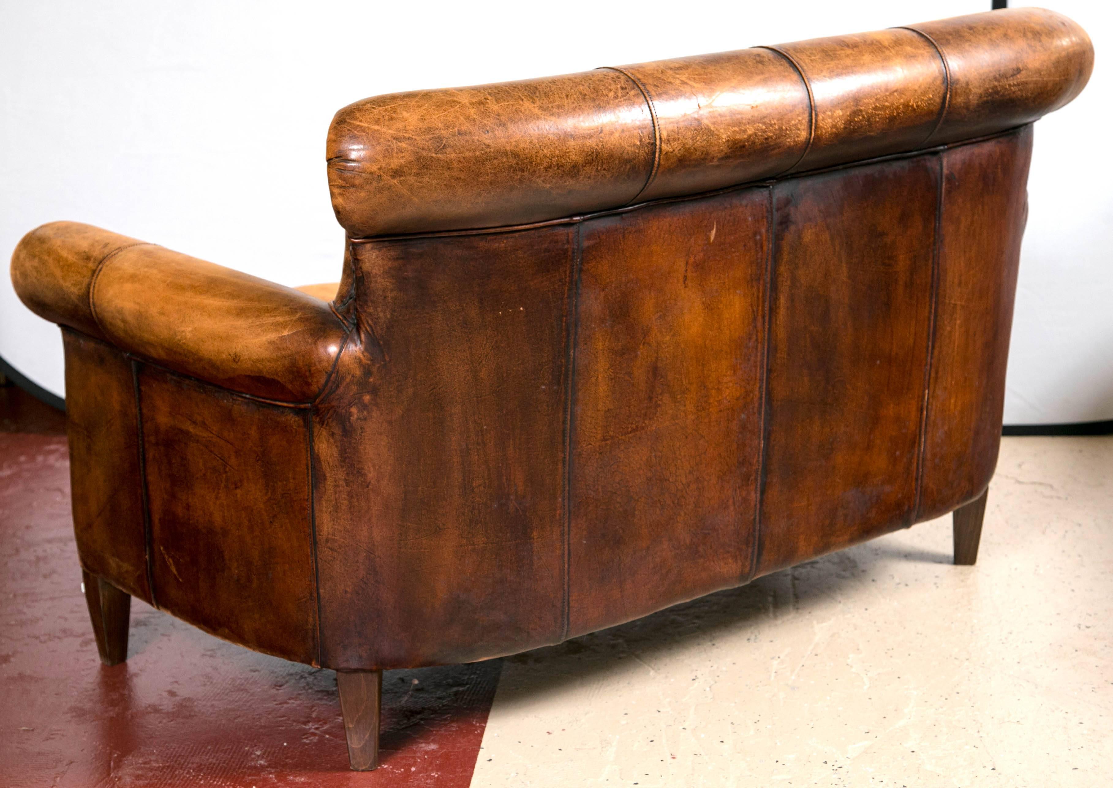 Vintage French Distressed Art Deco Leather Sofa 1