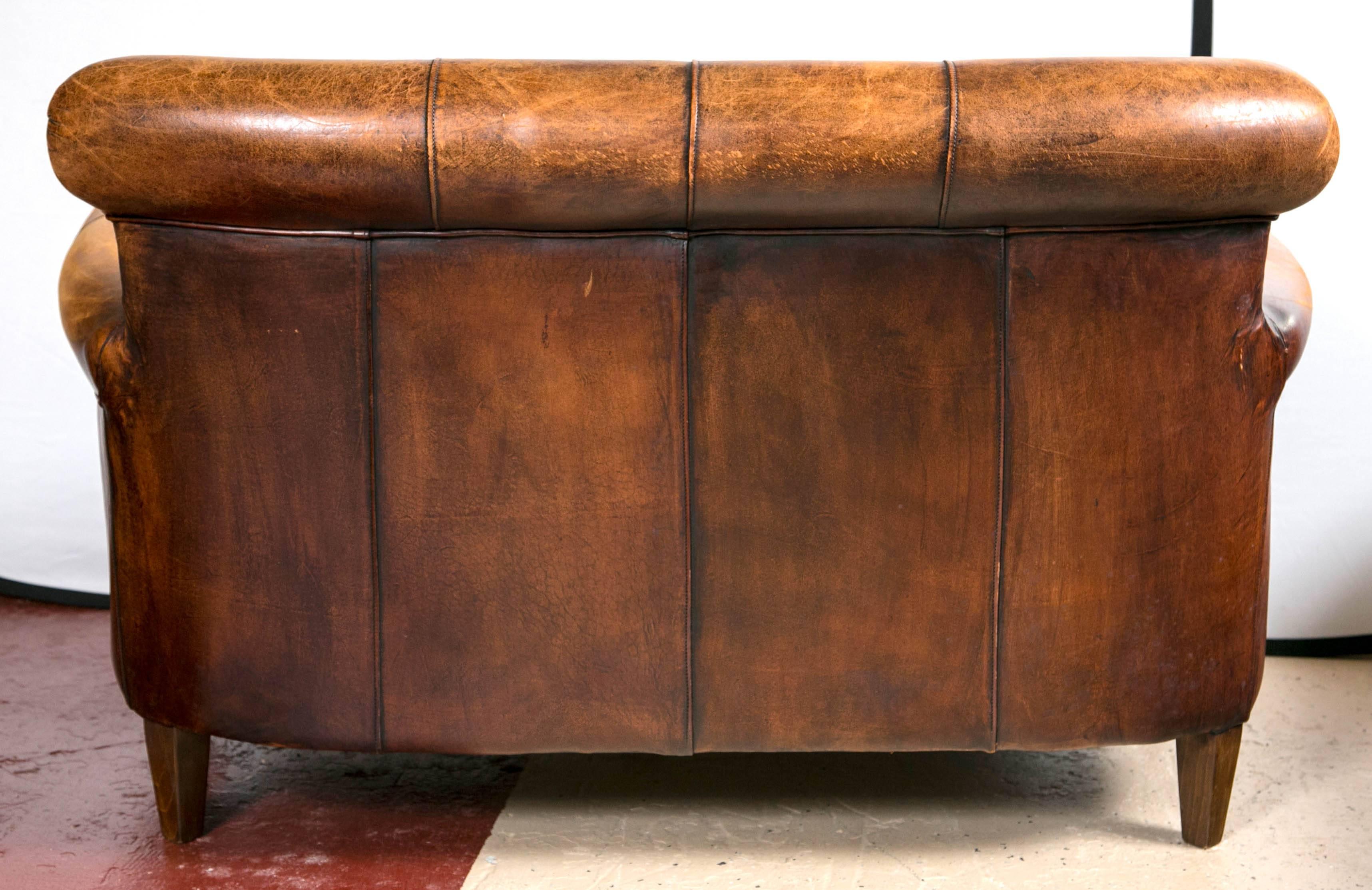 Vintage French Distressed Art Deco Leather Sofa 2