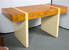 Mid-Century Modern Burl Walnut and Cream Lacquer Desk Double Pedestal Base