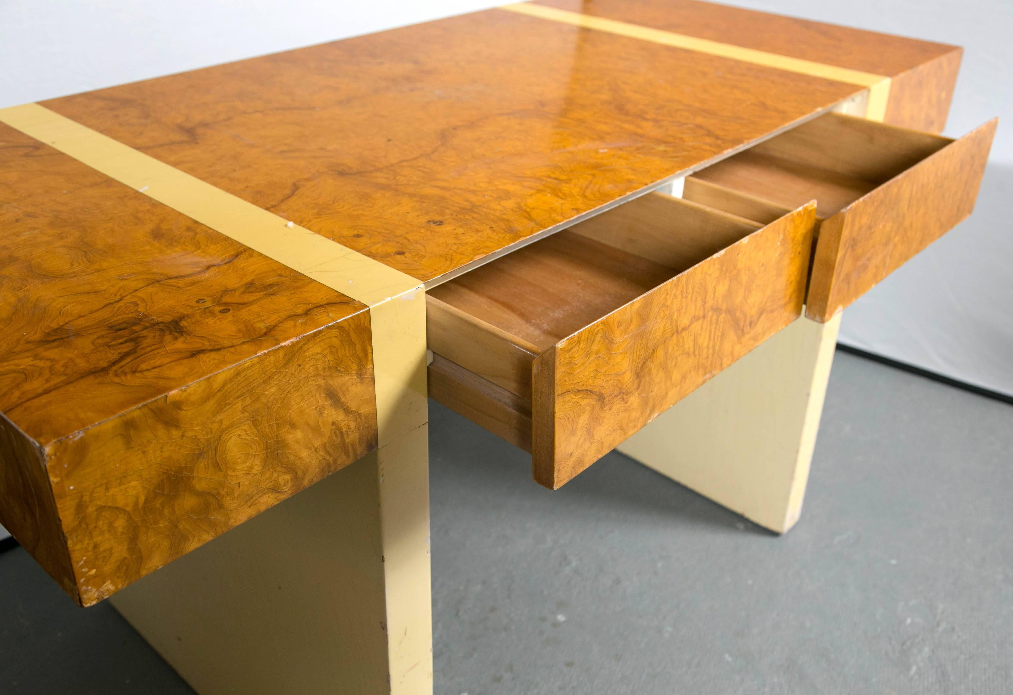 American Mid-Century Modern Burl Walnut and Cream Lacquer Desk Double Pedestal Base