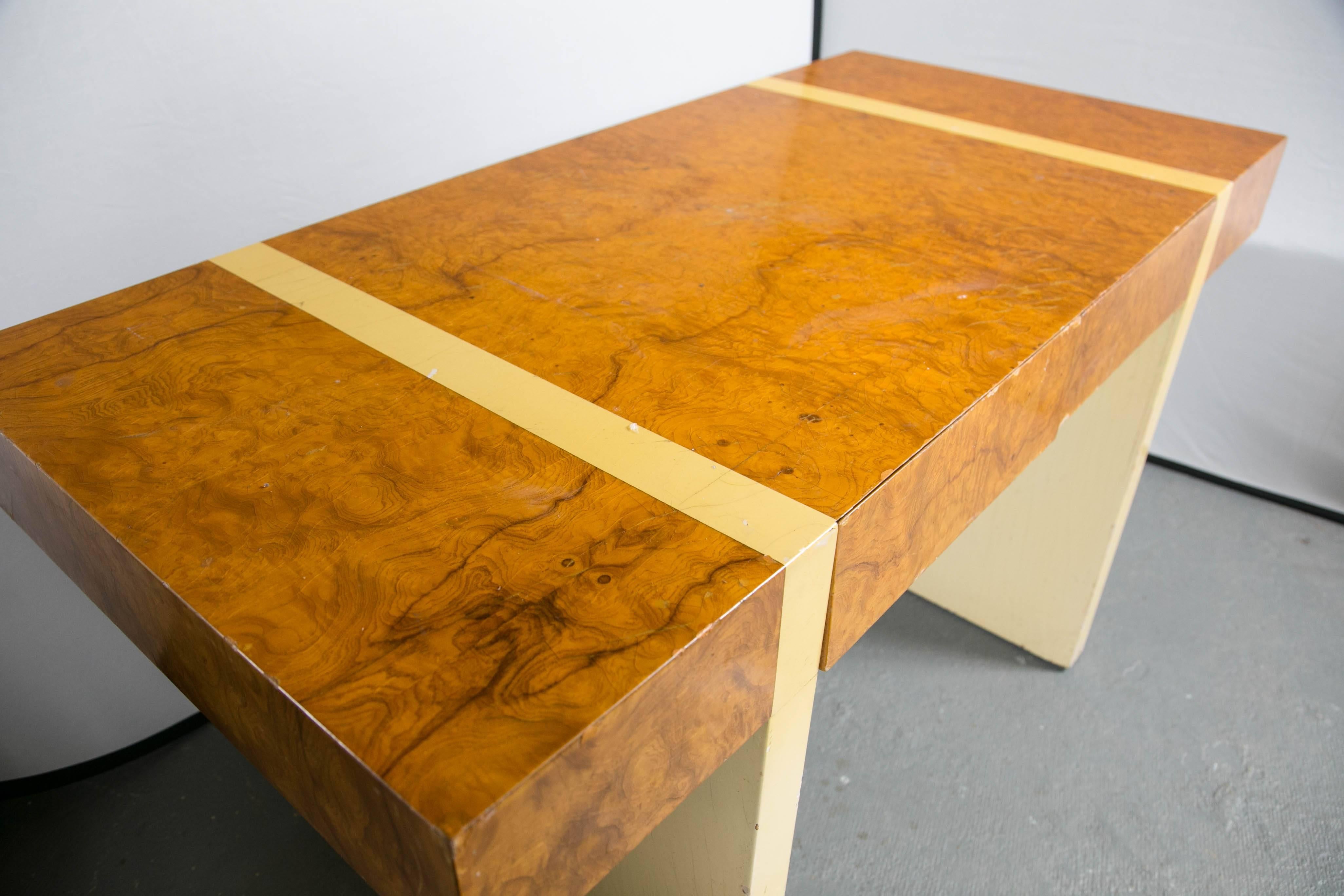 Mid-Century Modern Burl Walnut and Cream Lacquer Desk Double Pedestal Base In Good Condition In Stamford, CT
