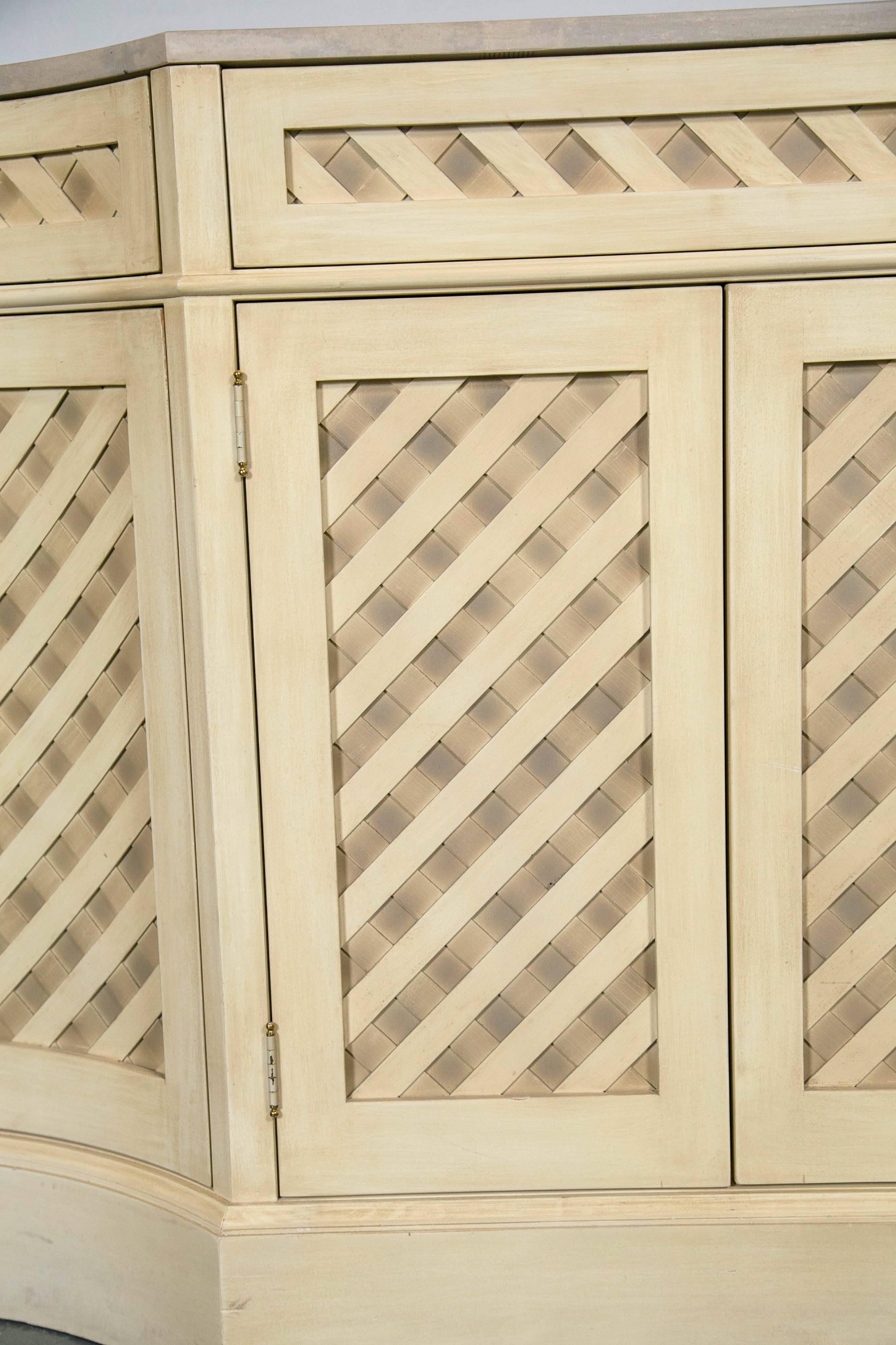 Hollywood Regency Designer Marble-Top Painted Checkerboard Sideboard In Good Condition In Stamford, CT