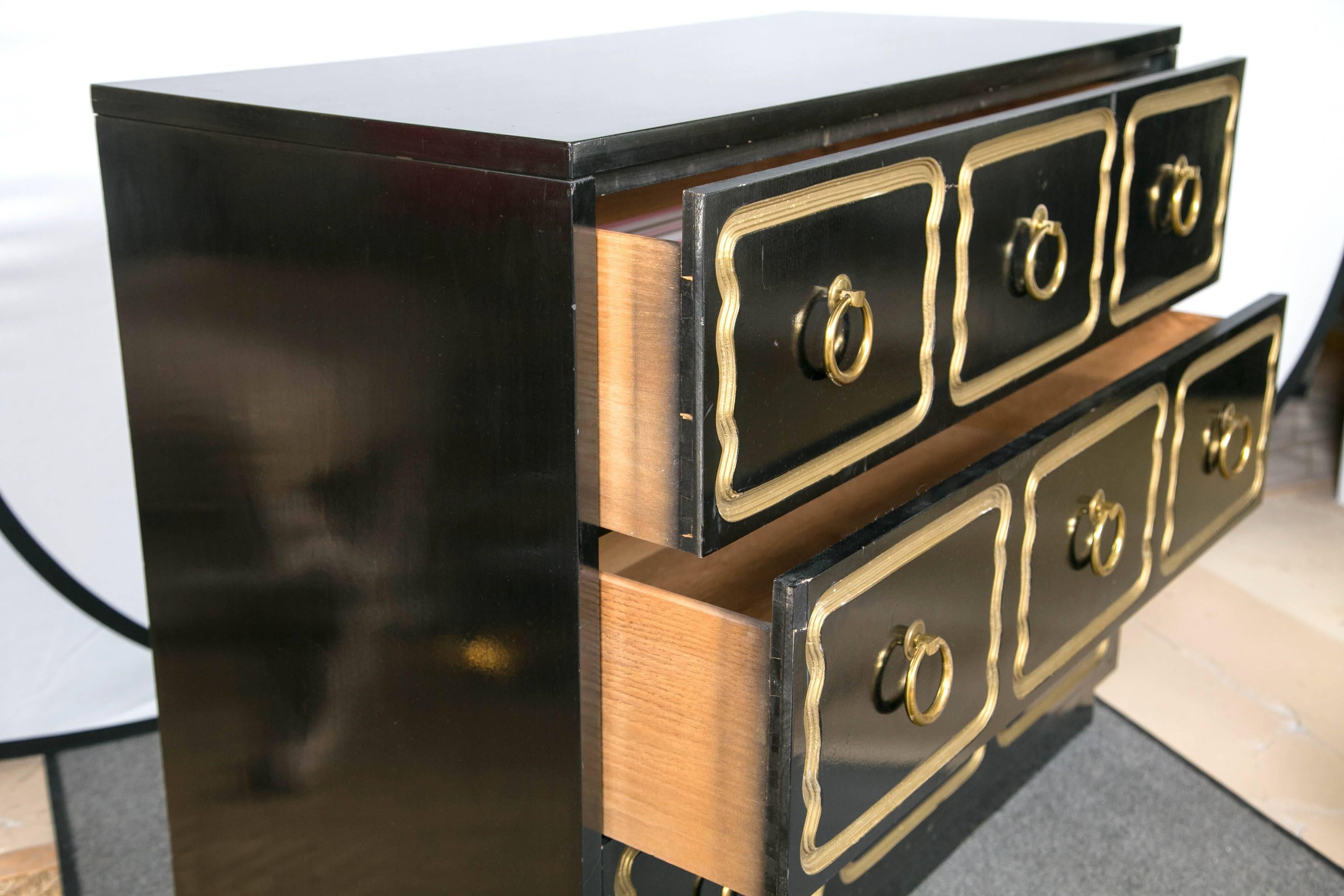 Pair of Dorothy Draper Style Espana Ebonized Chests In Good Condition In Stamford, CT