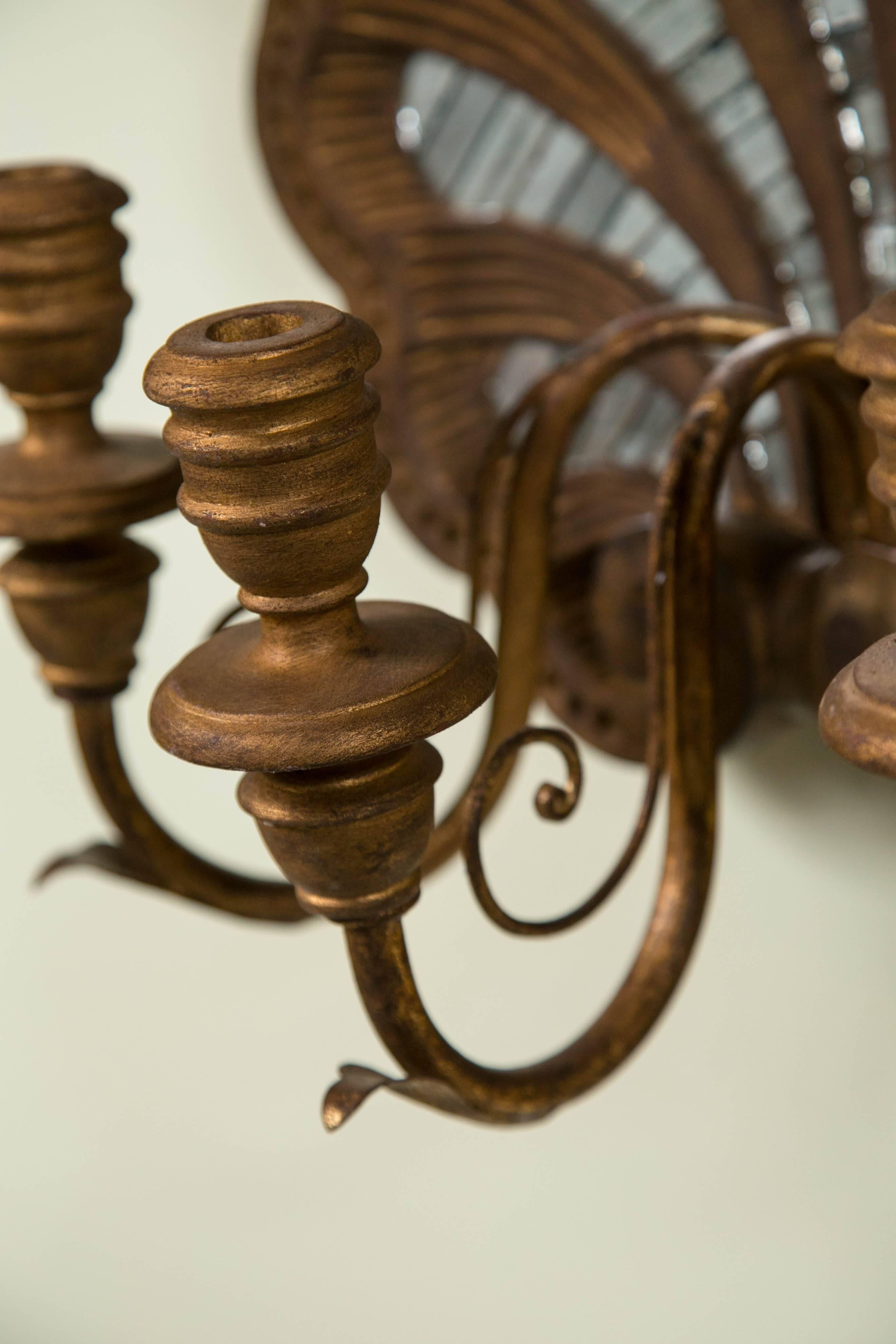 Set of Four Fine And Rare Wooden Shell and Mirror Wall Sconces Three Arms Each In Good Condition In Stamford, CT