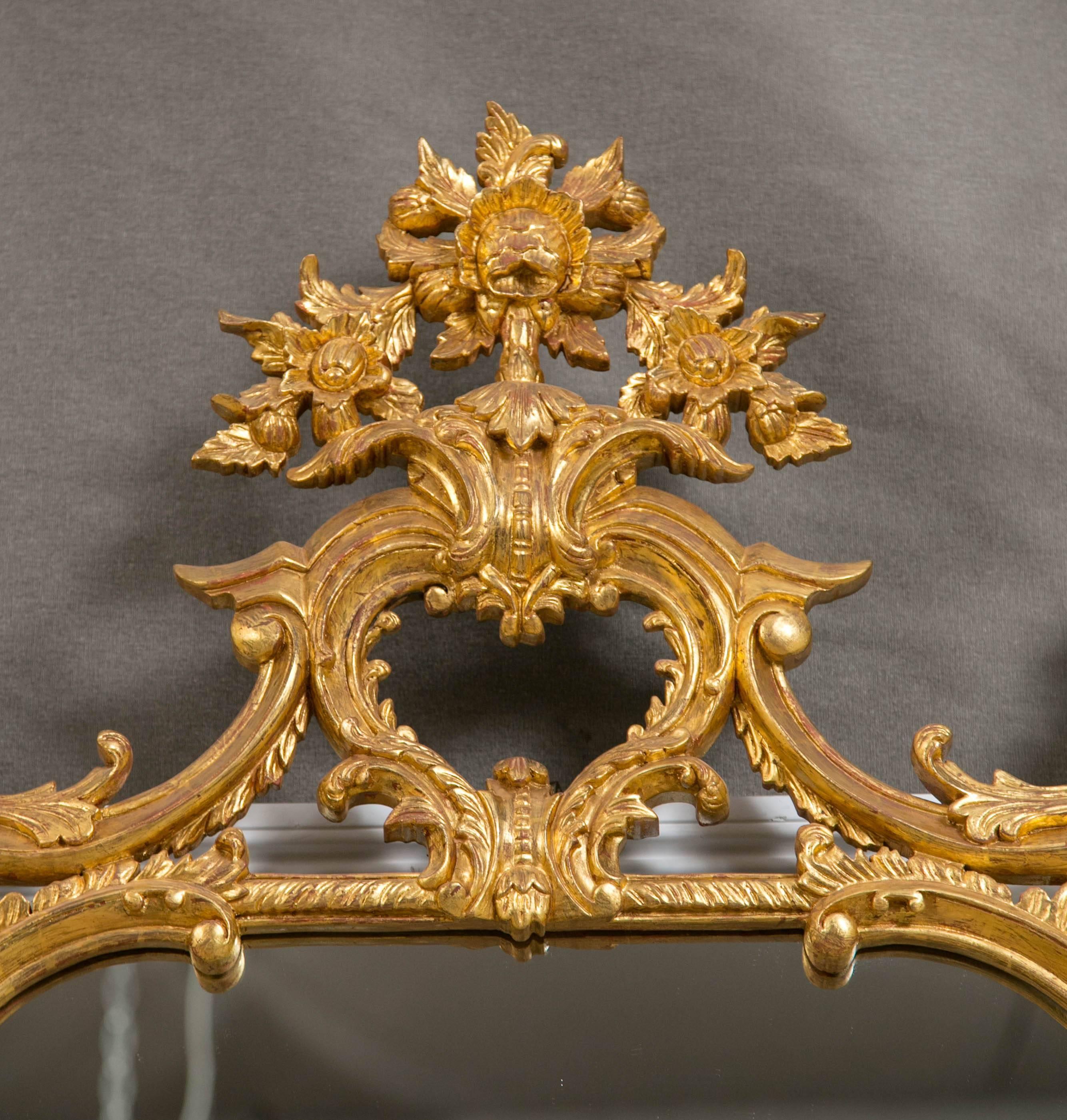 Pair of Chinese Chippendale Style Italian Gilt Wooden Wall Console Mirrors In Good Condition In Stamford, CT