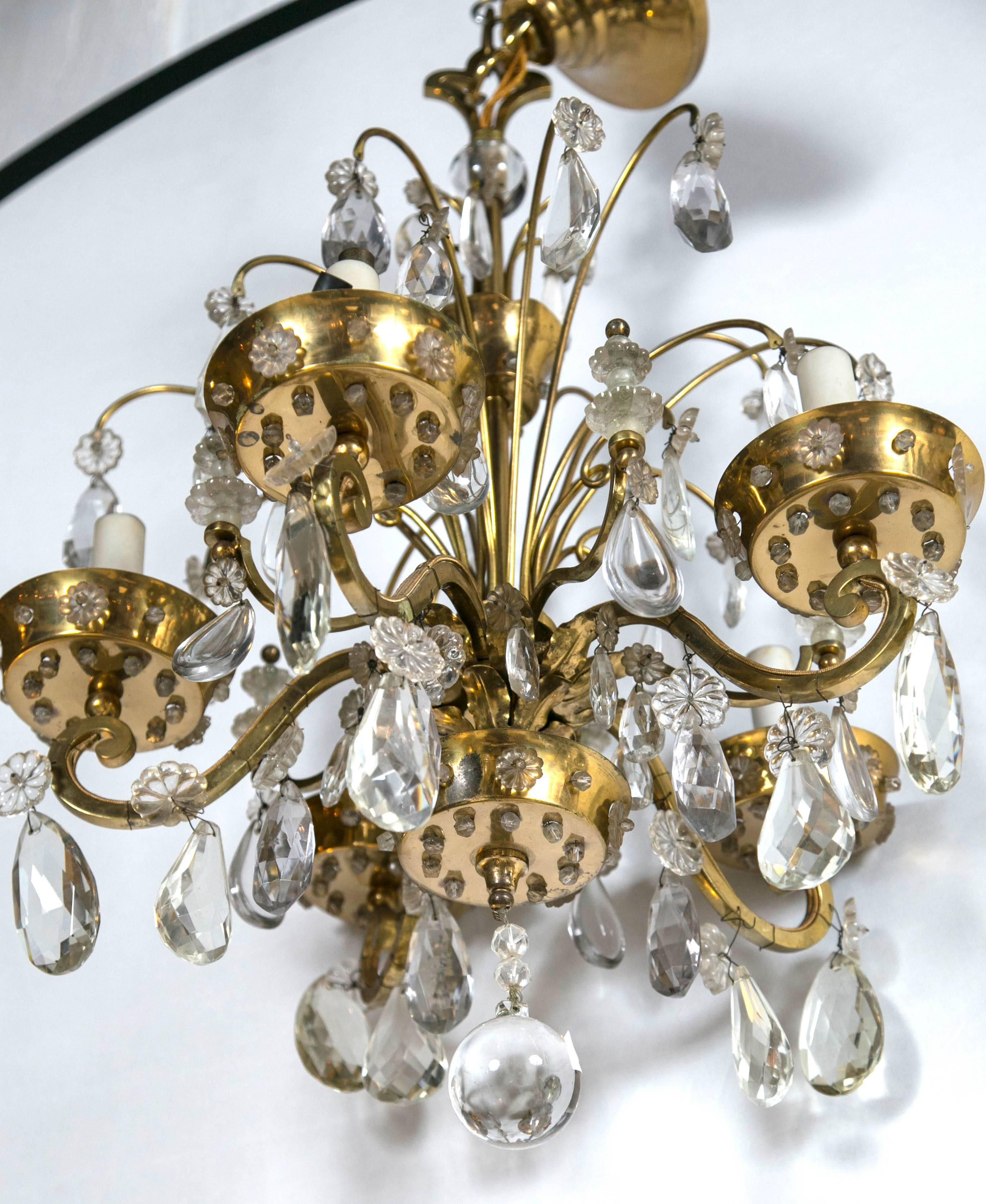 Mid-20th Century A Fine Bronze And Crystal French Art Deco Chandelier by Maison Jansen Five Arm