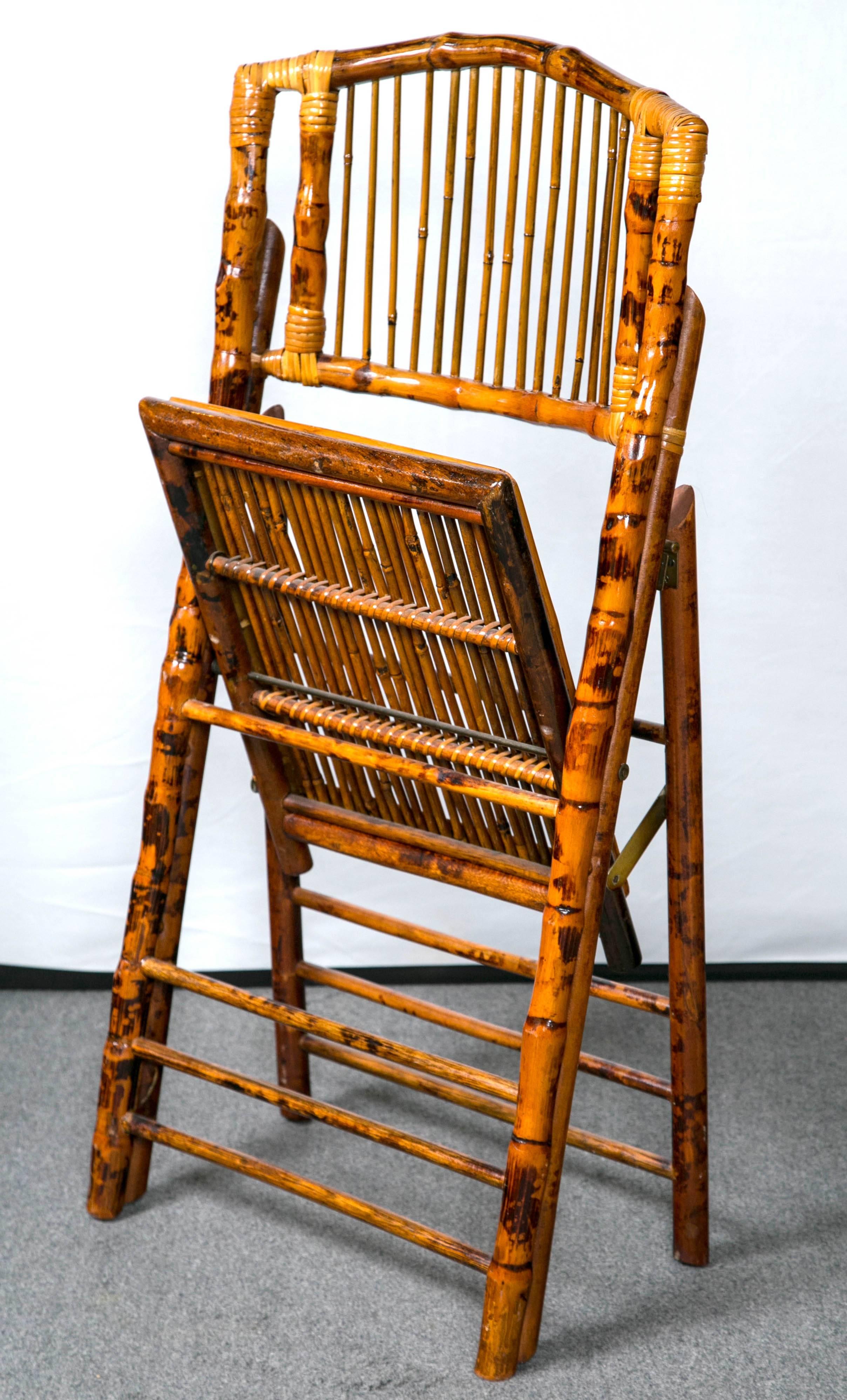 Mid-20th Century Eight Folding Tortoise Shell and Bamboo Stylized Side Chairs