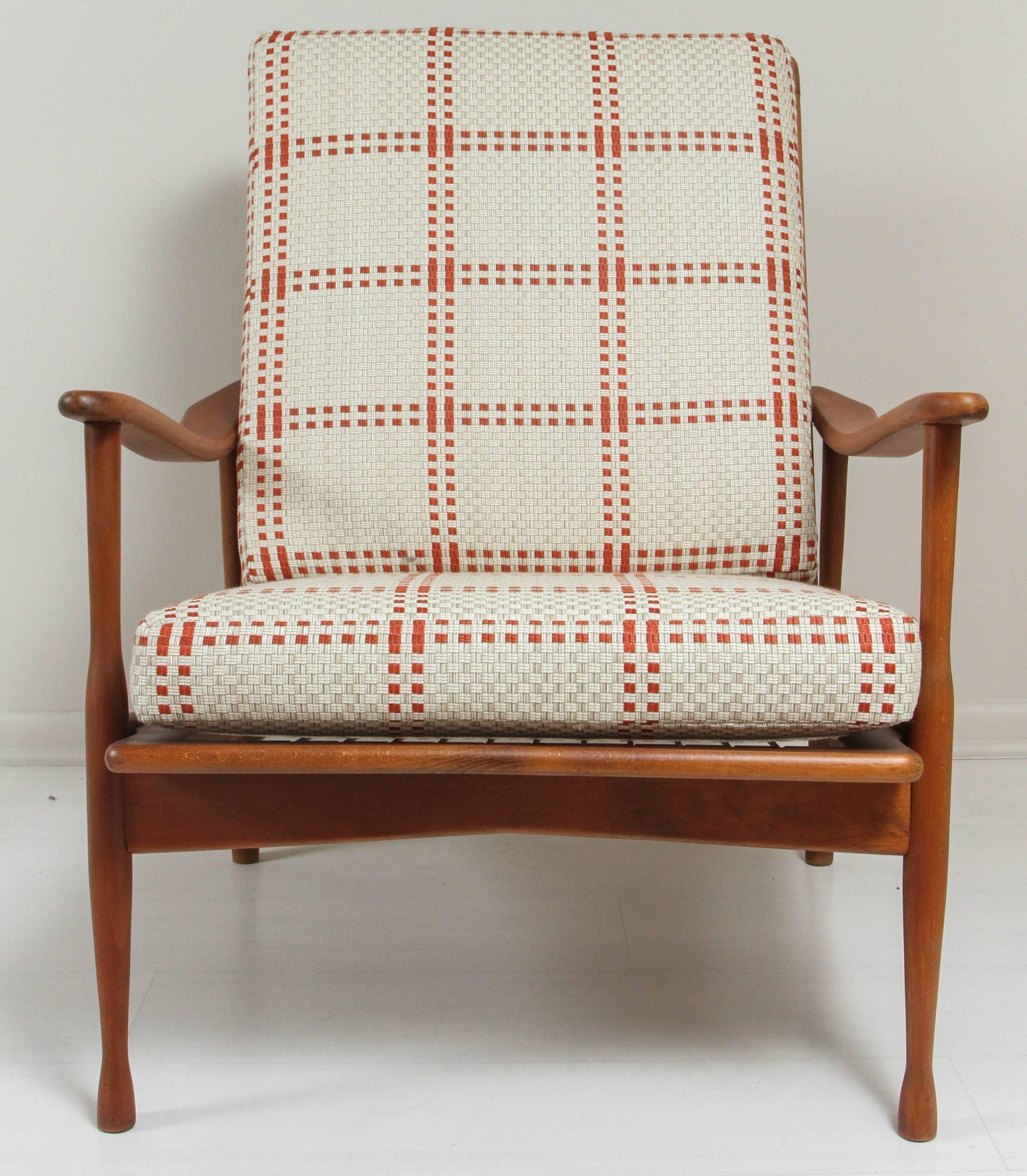 Danish teak occasional chair with newly upholstered cushions. Seat height: 16