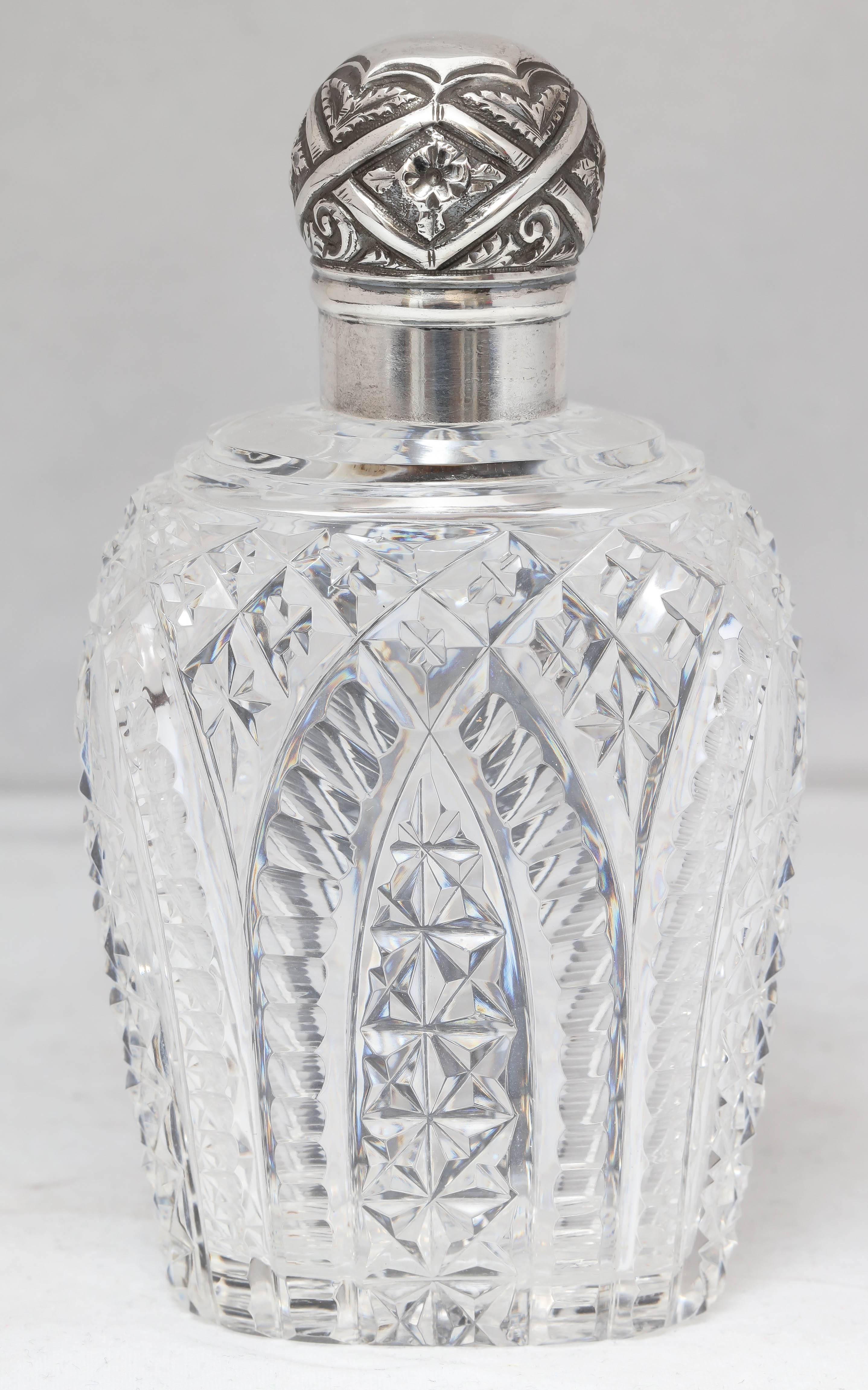 Beautiful, Victorian, sterling silver-mounted cut crystal perfume flask, Birmingham, England, 1889. D.C.E. - maker. @5