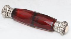 Victorian Sterling Silver and Ruby Glass Double-Sided Lay Down Perfume Bottle