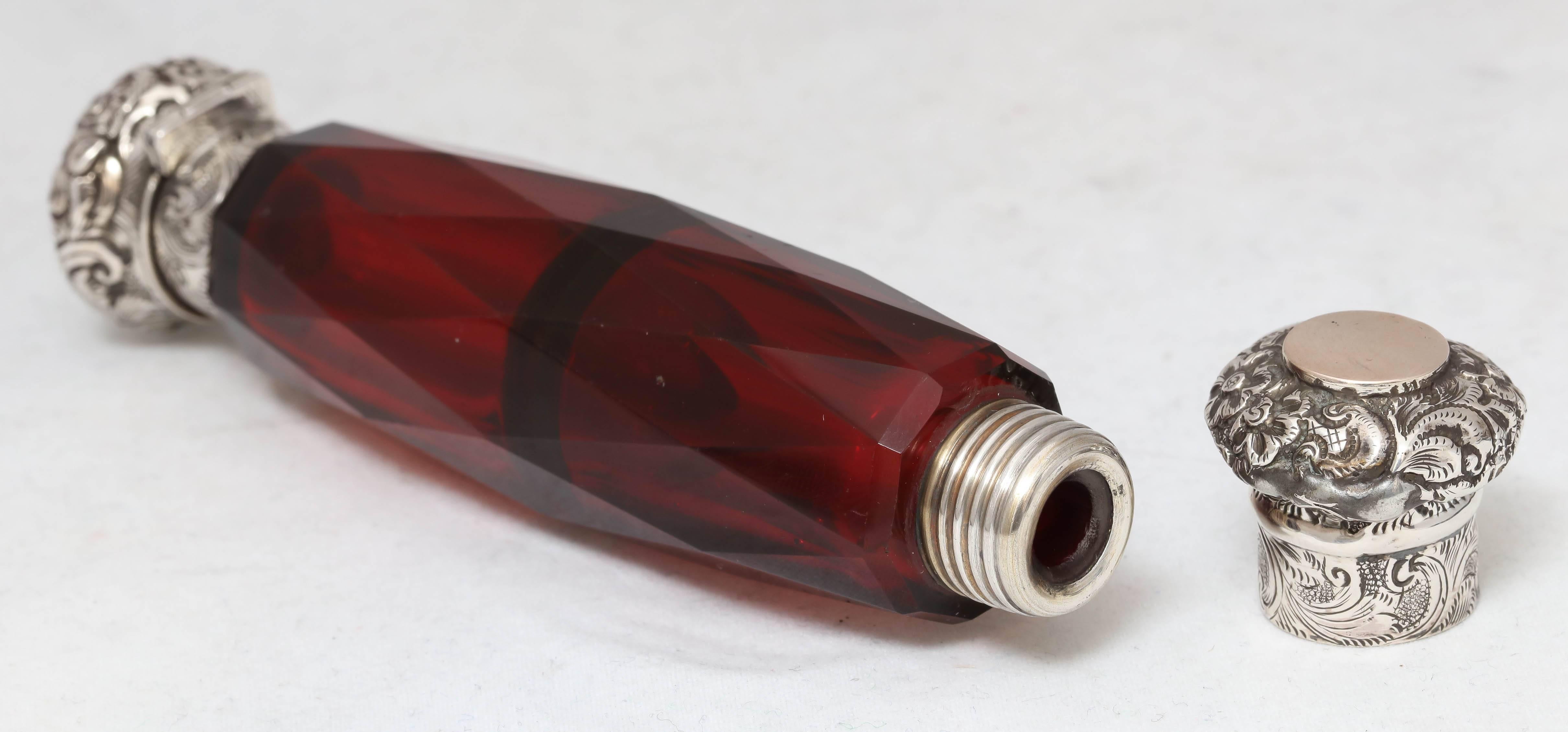 Late 19th Century Victorian Sterling Silver and Ruby Glass Double-Sided Lay Down Perfume Bottle