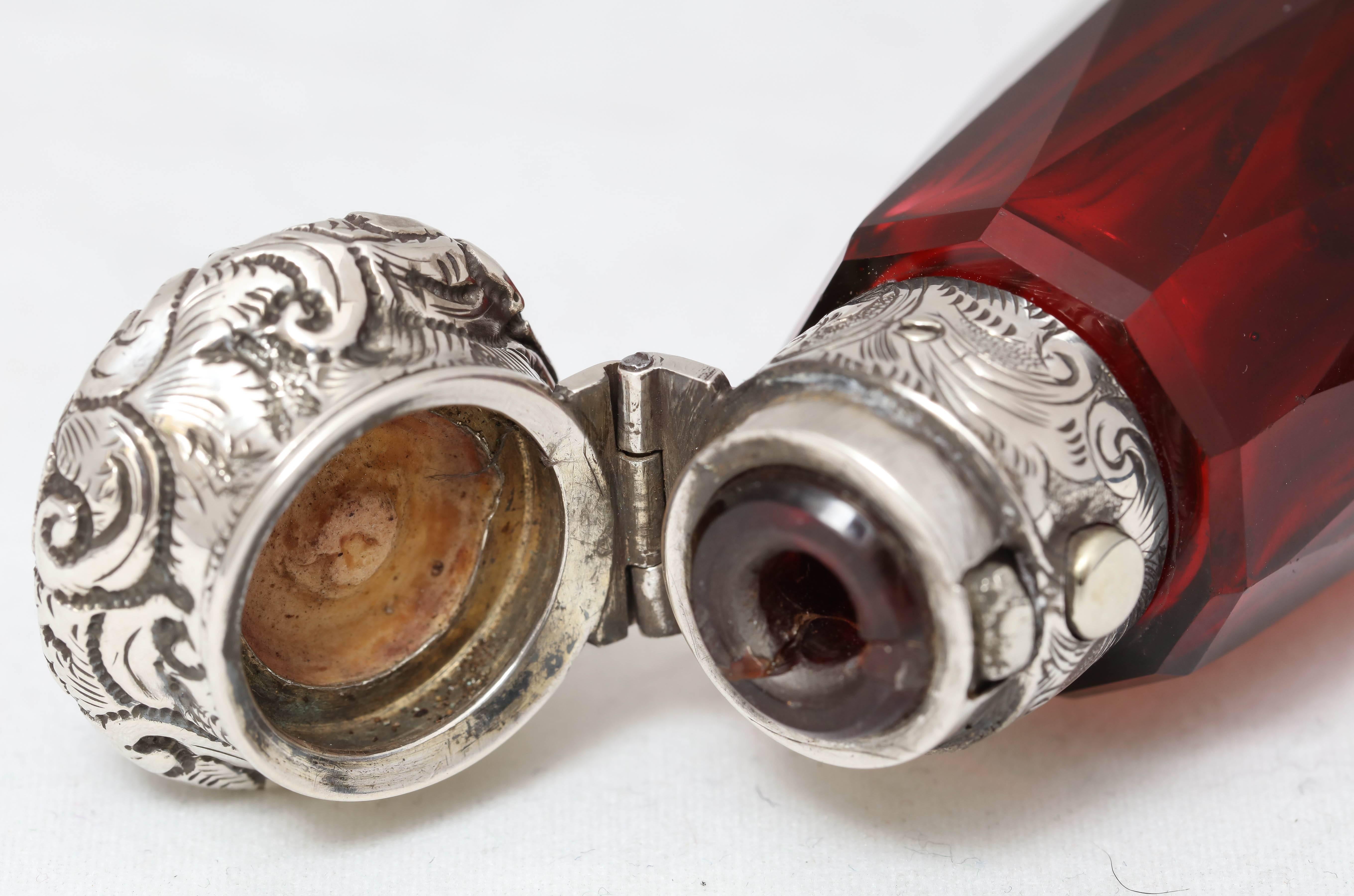 Victorian Sterling Silver and Ruby Glass Double-Sided Lay Down Perfume Bottle 1