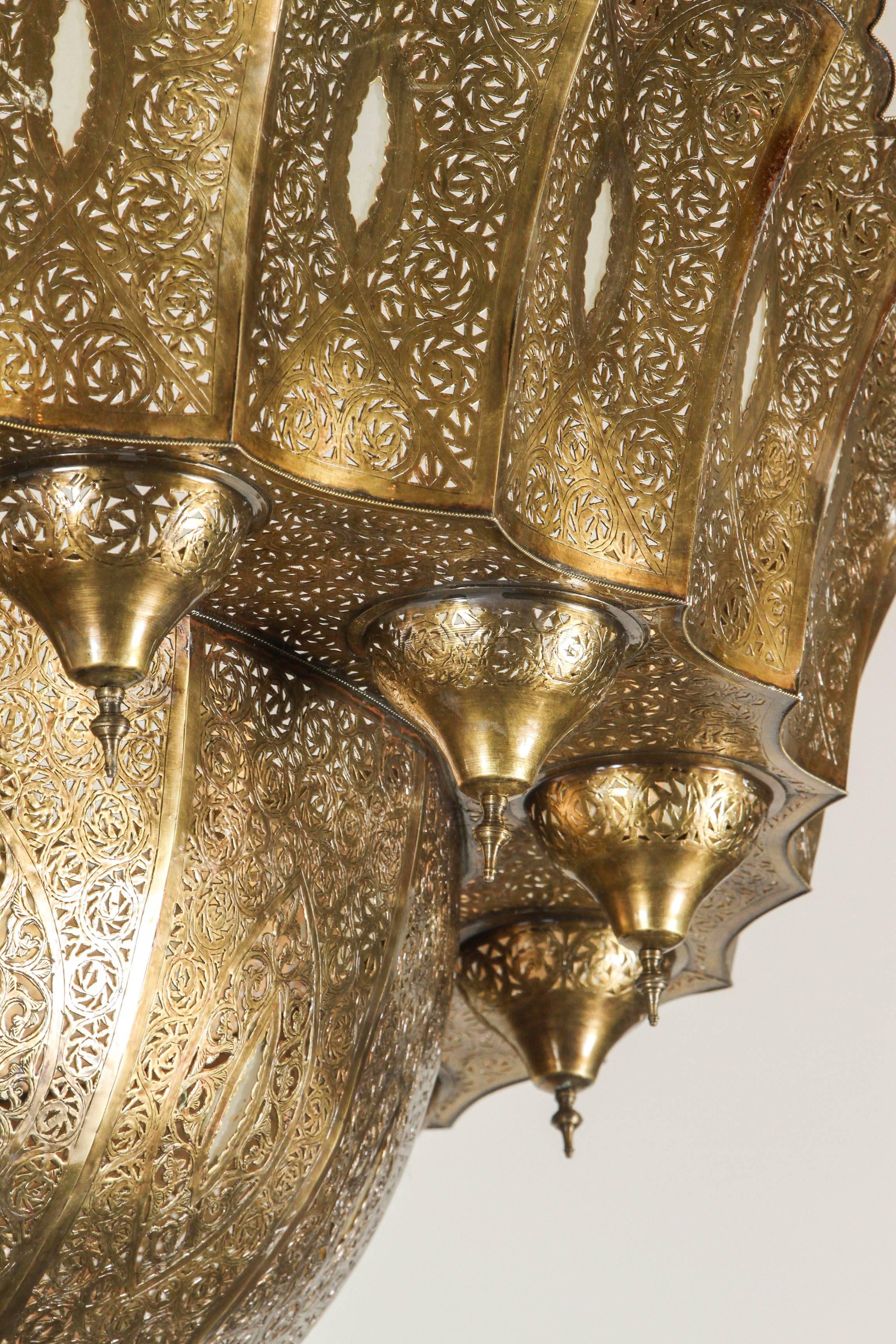 Hand-Crafted Monumental Moroccan Brass Filigree Chandelier