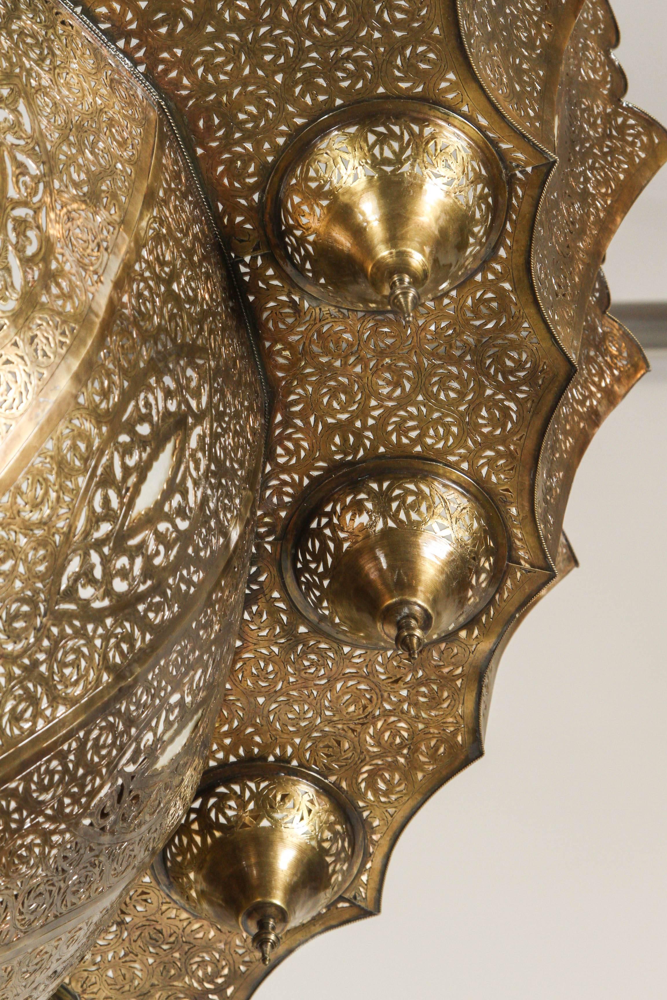 Blown Glass Monumental Moroccan Brass Filigree Chandelier