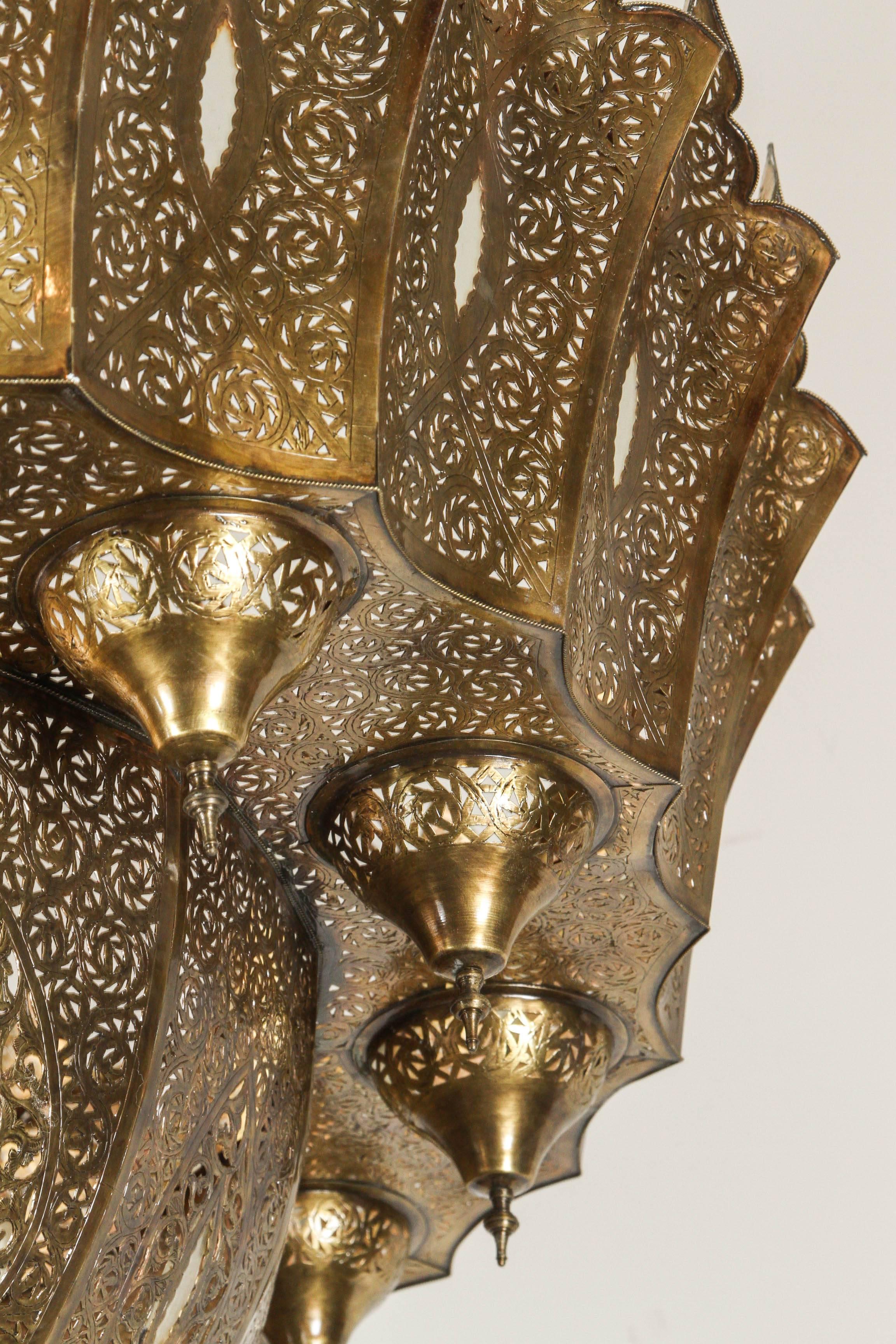 Monumental Moroccan Brass Filigree Chandelier 2