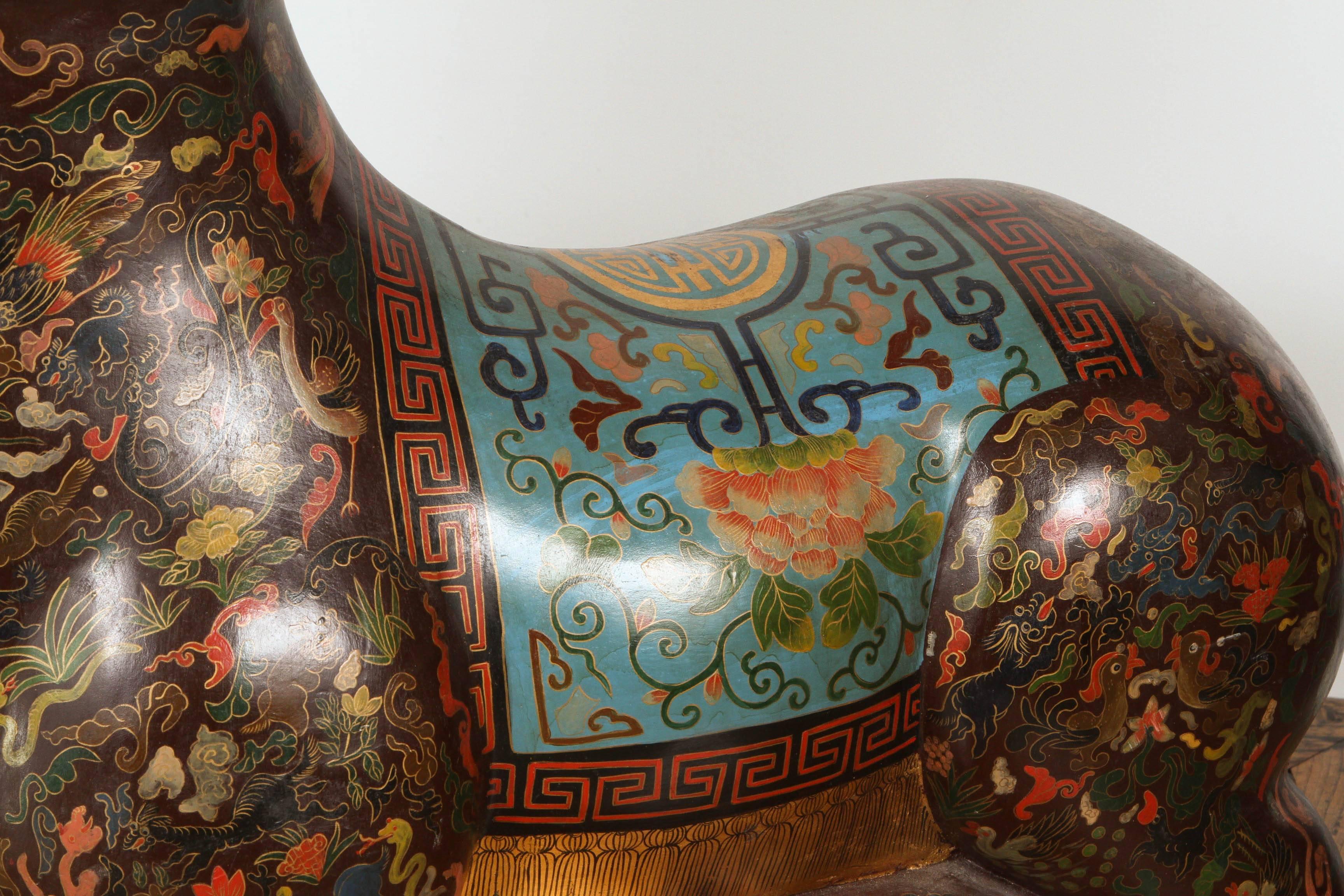 Chinoiserie Asian Wood Hand-Painted Figure of a Recumbent Ram For Sale