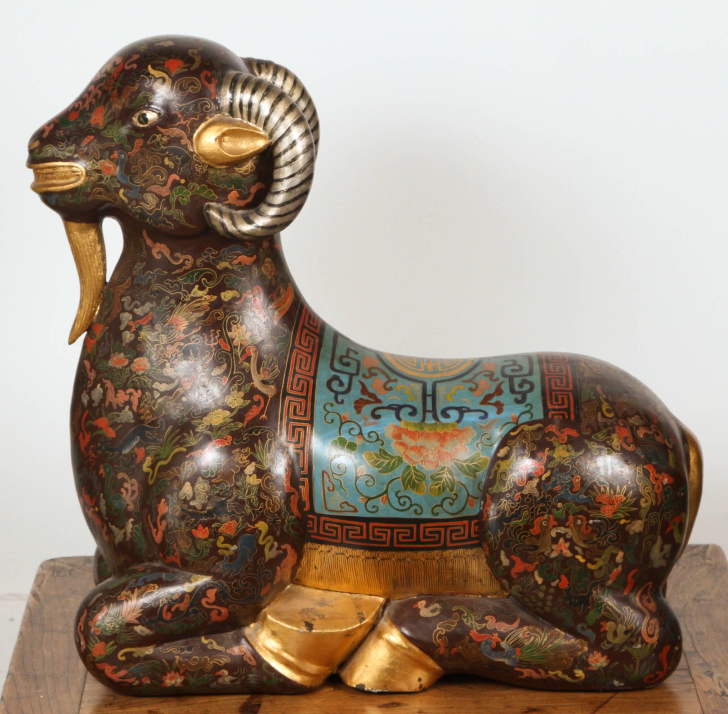 Chinese Asian Wood Hand-Painted Figure of a Recumbent Ram For Sale