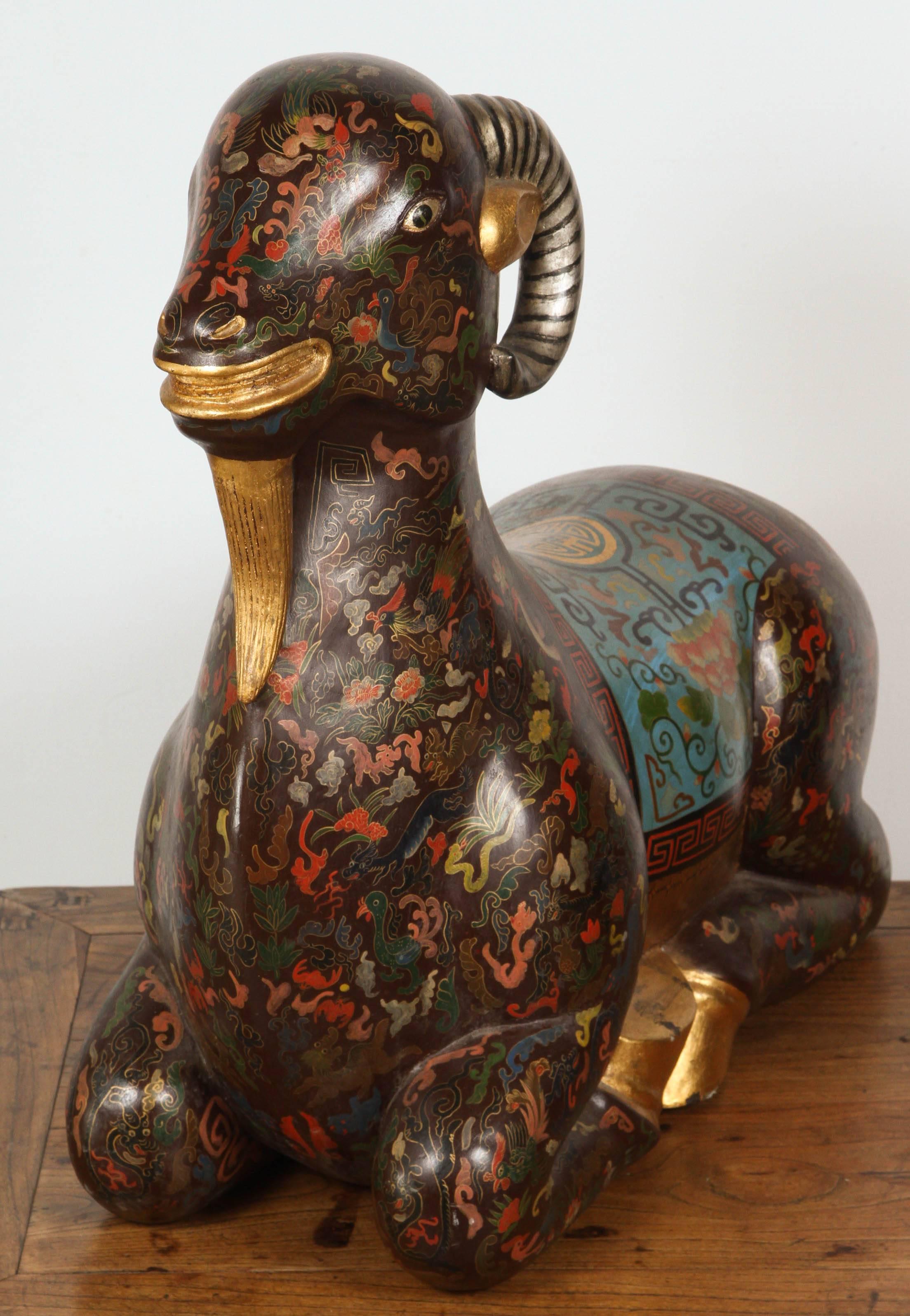 Hand-Carved Asian Wood Hand-Painted Figure of a Recumbent Ram For Sale