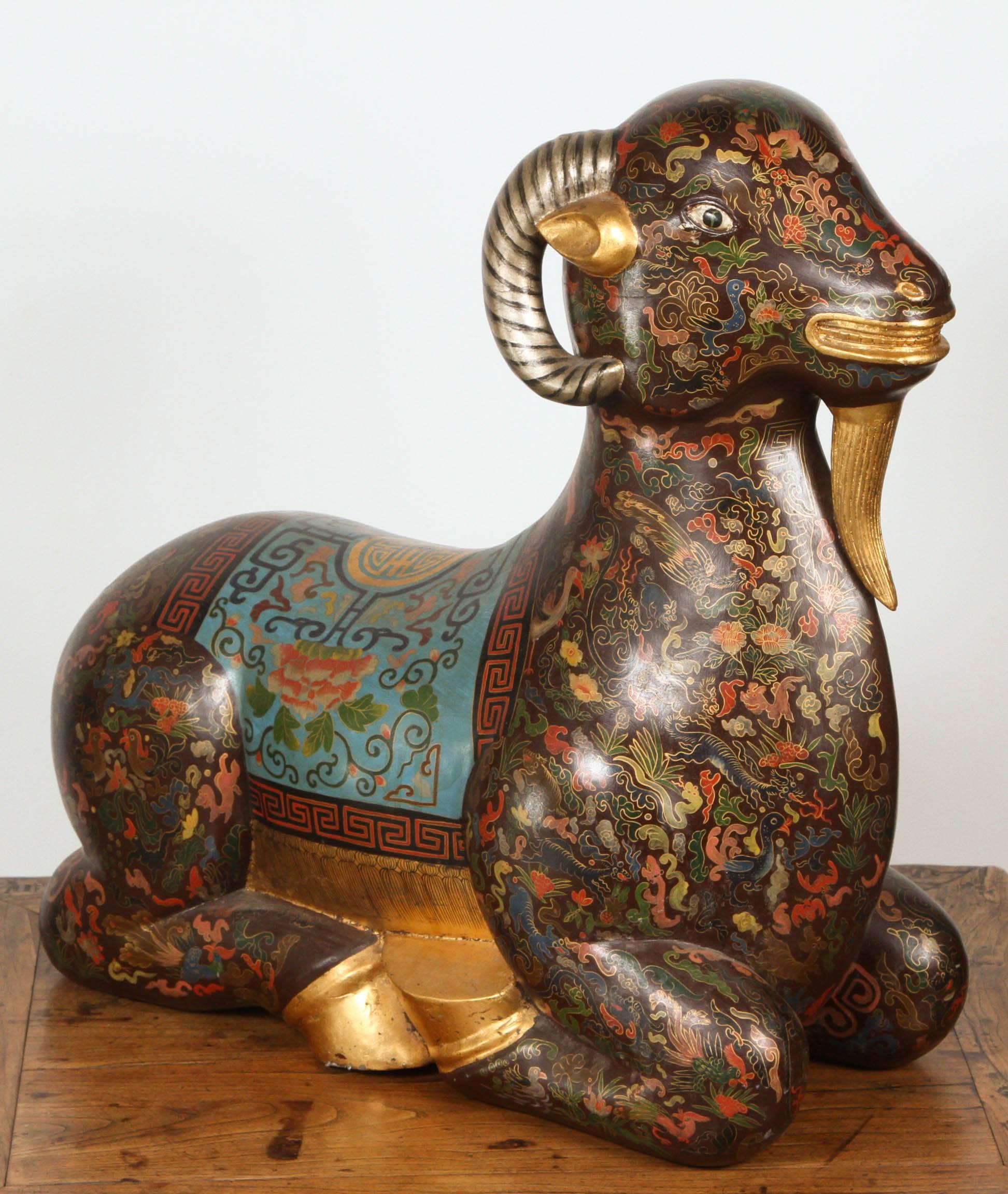 Asian Wood Hand-Painted Figure of a Recumbent Ram In Good Condition For Sale In North Hollywood, CA